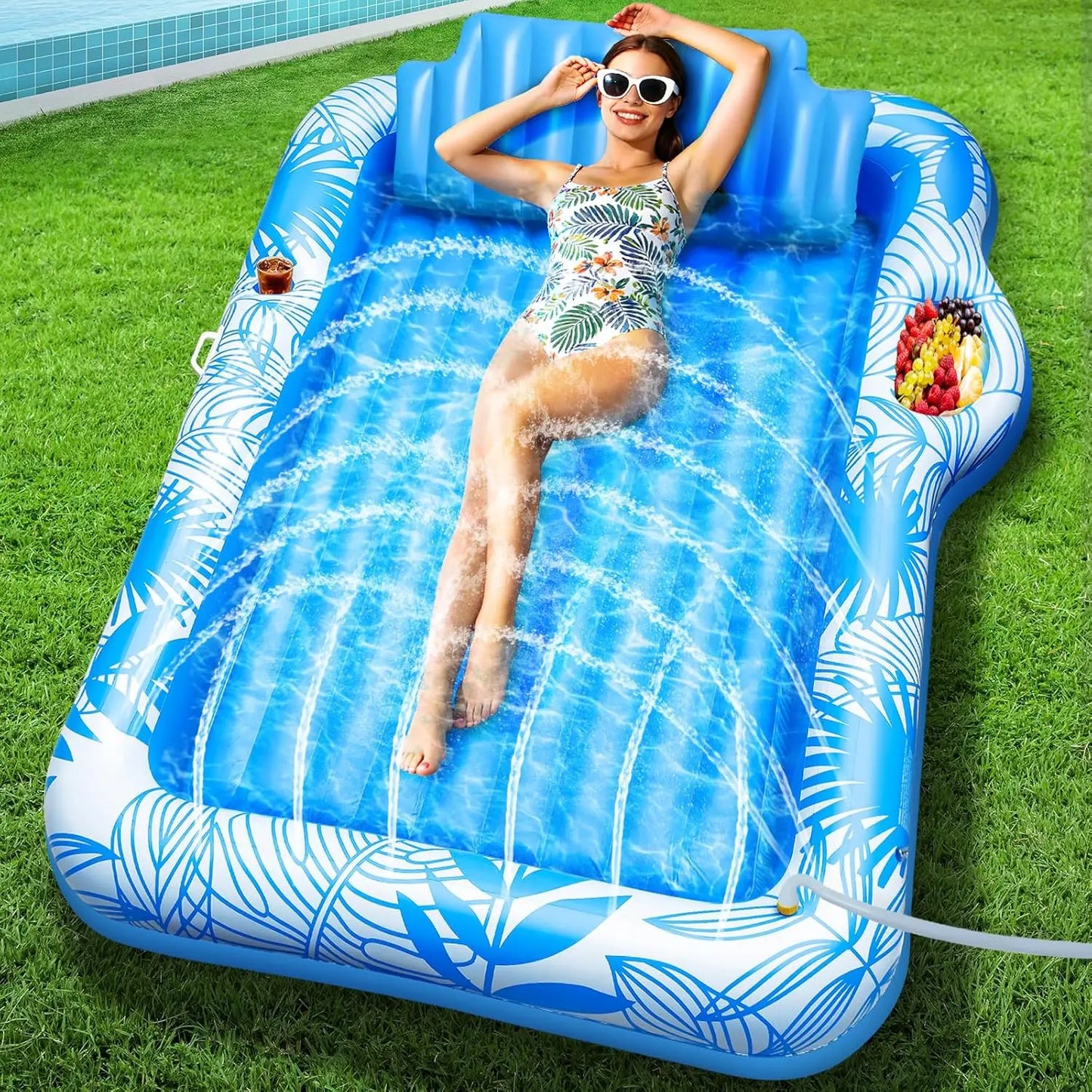 Large Inflatable Tanning Pool Lounge Float with Sprinkler Cup Holder, 78"X50" Large Pool Floats Adult with Pillow, 4 in 1 Suntan Tub Raft Floatie, Sunbathing Bed Lounge for Water Blow up Kids Ball Pit Party Gifts, Inflatable Sofa Summervibes