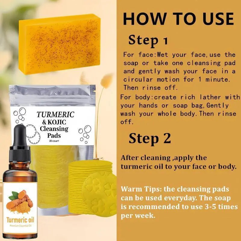 Turmeric Skin Care Kit, 5 Counts/Set Facial Cleansing Pads & Soap & Oil & Cleansing Mousse & Facial Cleanser & Lathering Net, Skin Care Kit for Women & Men, Turmeric Face Wash