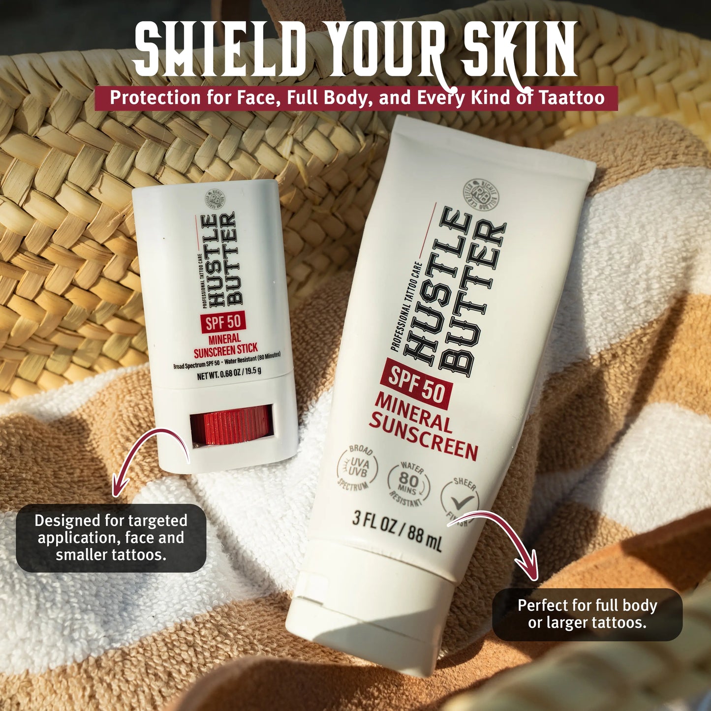 Hustle Butter Tattoo Sunscreen - Mineral Sunscreen Lotion, SPF 50, Tsa-Friendly, Water Resistant, 3 Oz
