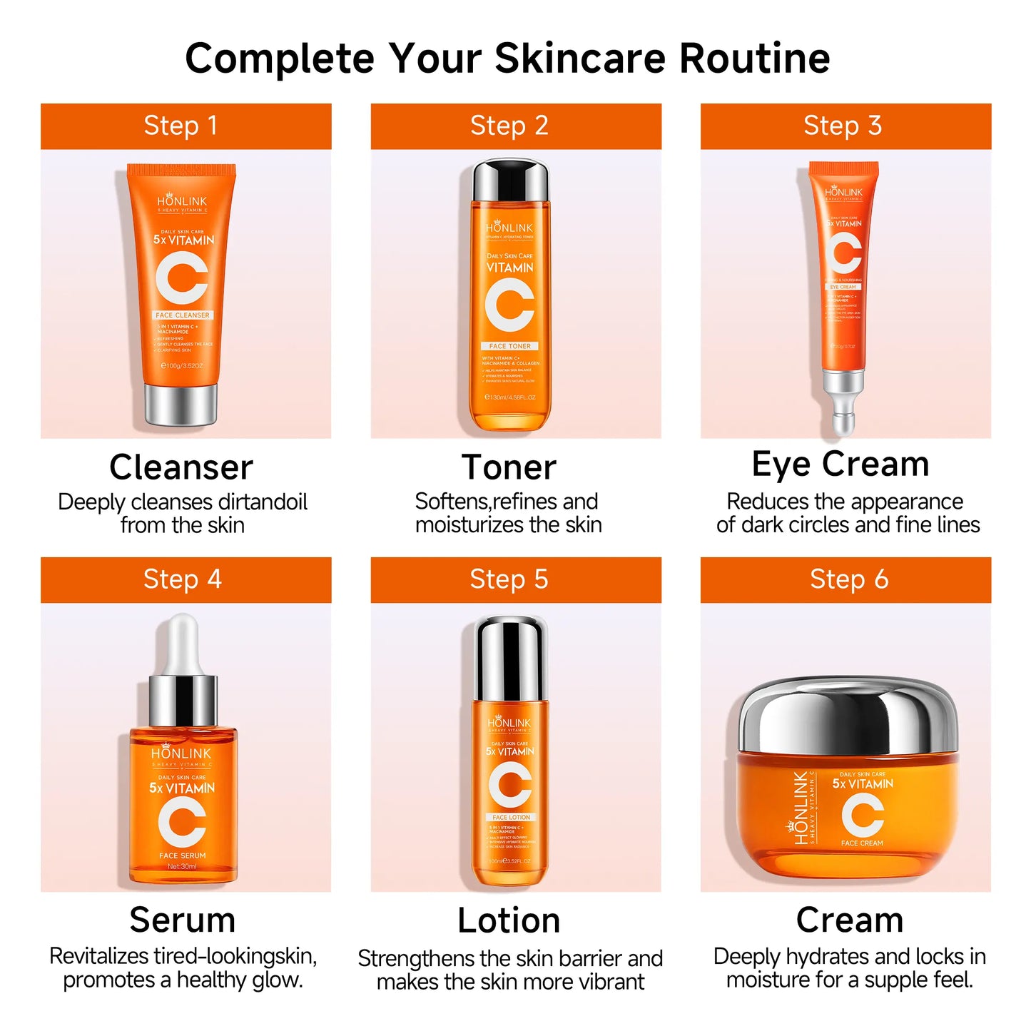 Korean 5X Vitamin C Skincare Set, 6-In-1 Skincare Gift Set with Cleanser, Toner, Serum, Lotion,Eye & Face Cream - Moisturizing Skincare Kit