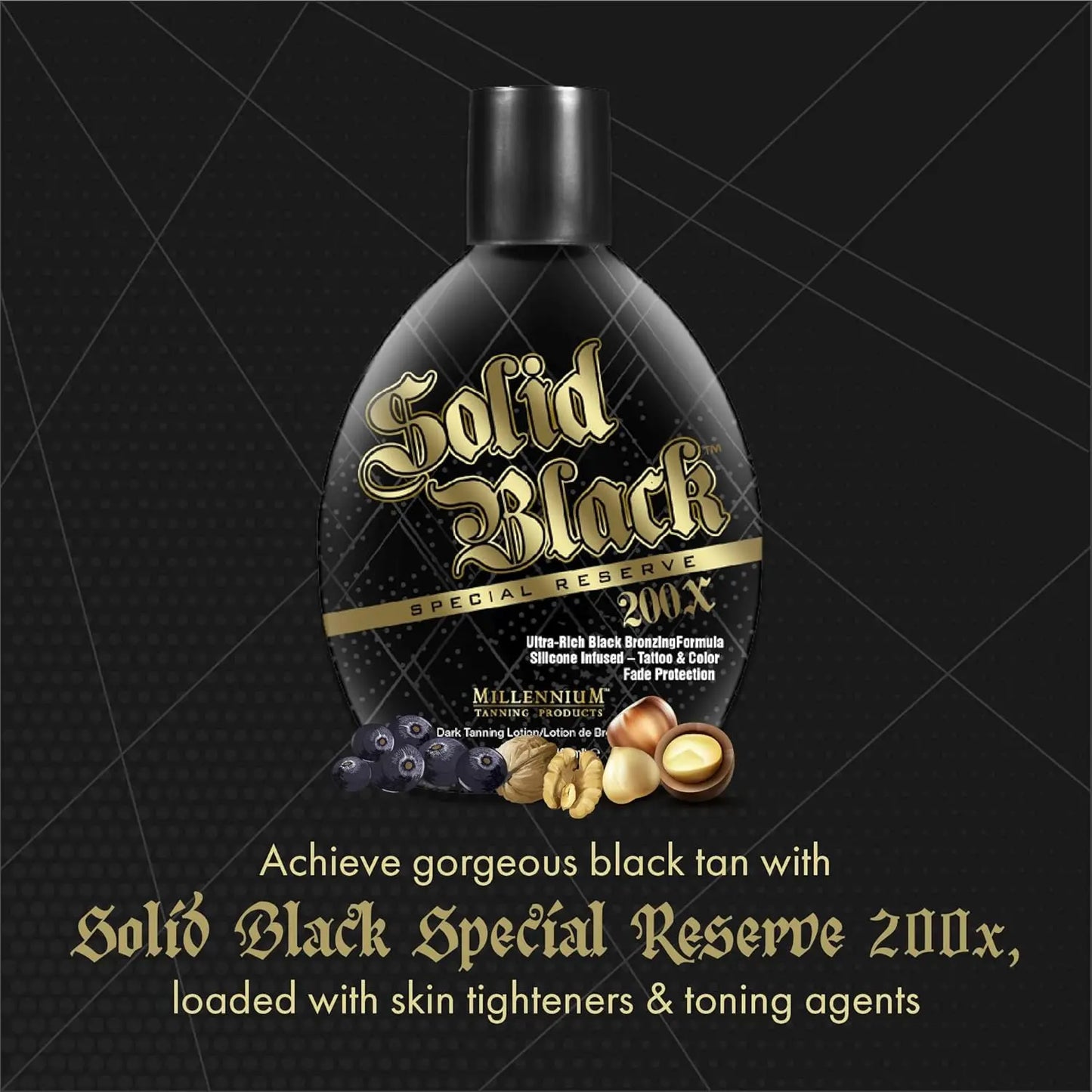 Millennium Tanning Solid Black Special Reserve 200X Bronzing Lotion with Tattoo Protector, Skin Tighteners & Antioxidants, 13.5 Oz