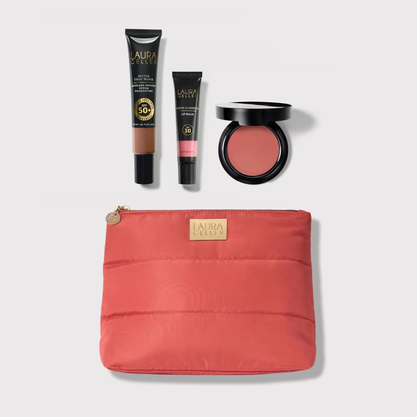 Laura Geller Good Skin SPF Kit (4PC) with SPF 50 Foundation, SPF 30 Shine N Shield Lip Balm, Wonder Balm, Makeup Bag, and FREE Brush