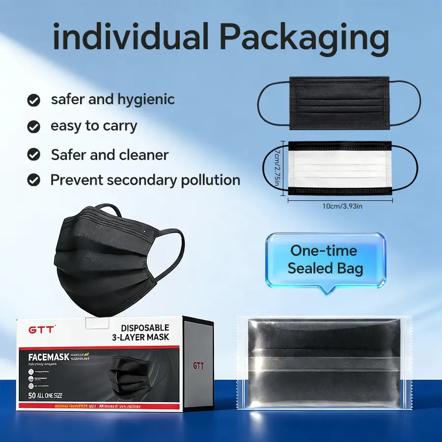 Disposable Protective Face Mask 50/100Pack Individually Packaged Wrapped Protection for Adults 3-Layer Filter Safety Face Masks Non-Woven Melt-Blown Filter Breathable Protection Mask for Travel Daily Protection against Droplets