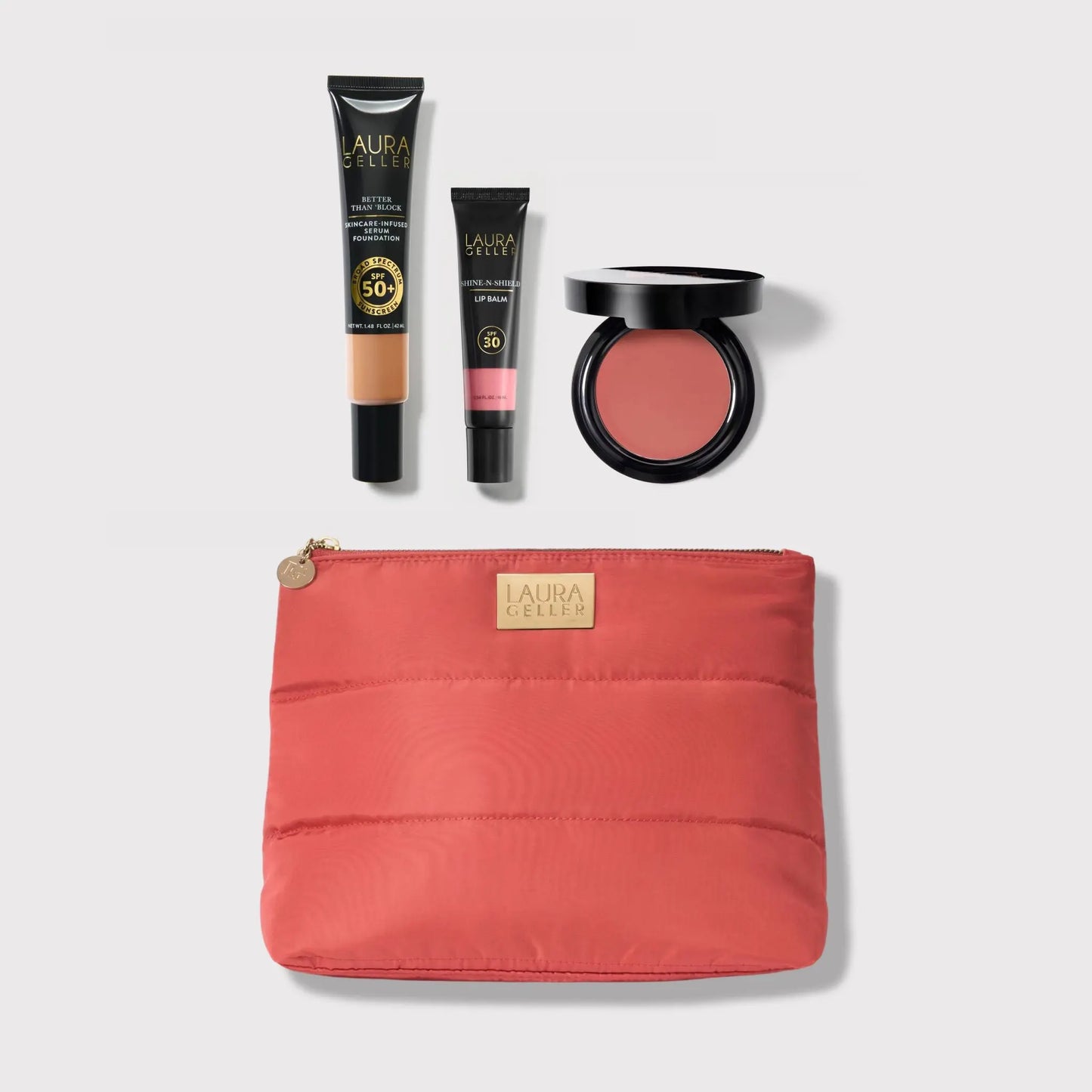 Laura Geller Good Skin SPF Kit (4PC) with SPF 50 Foundation, SPF 30 Shine N Shield Lip Balm, Wonder Balm, Makeup Bag, and FREE Brush