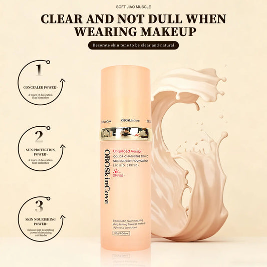 Oboskincove 4-In-1 Color Changing Bionic Sunscreen Foundation, New Version Makeup Beauty Product with Niacinamide, Moisturizing for Content Creators’ Glow-Up, Travel & Outdoor Activities Tiktokshopspringglowup