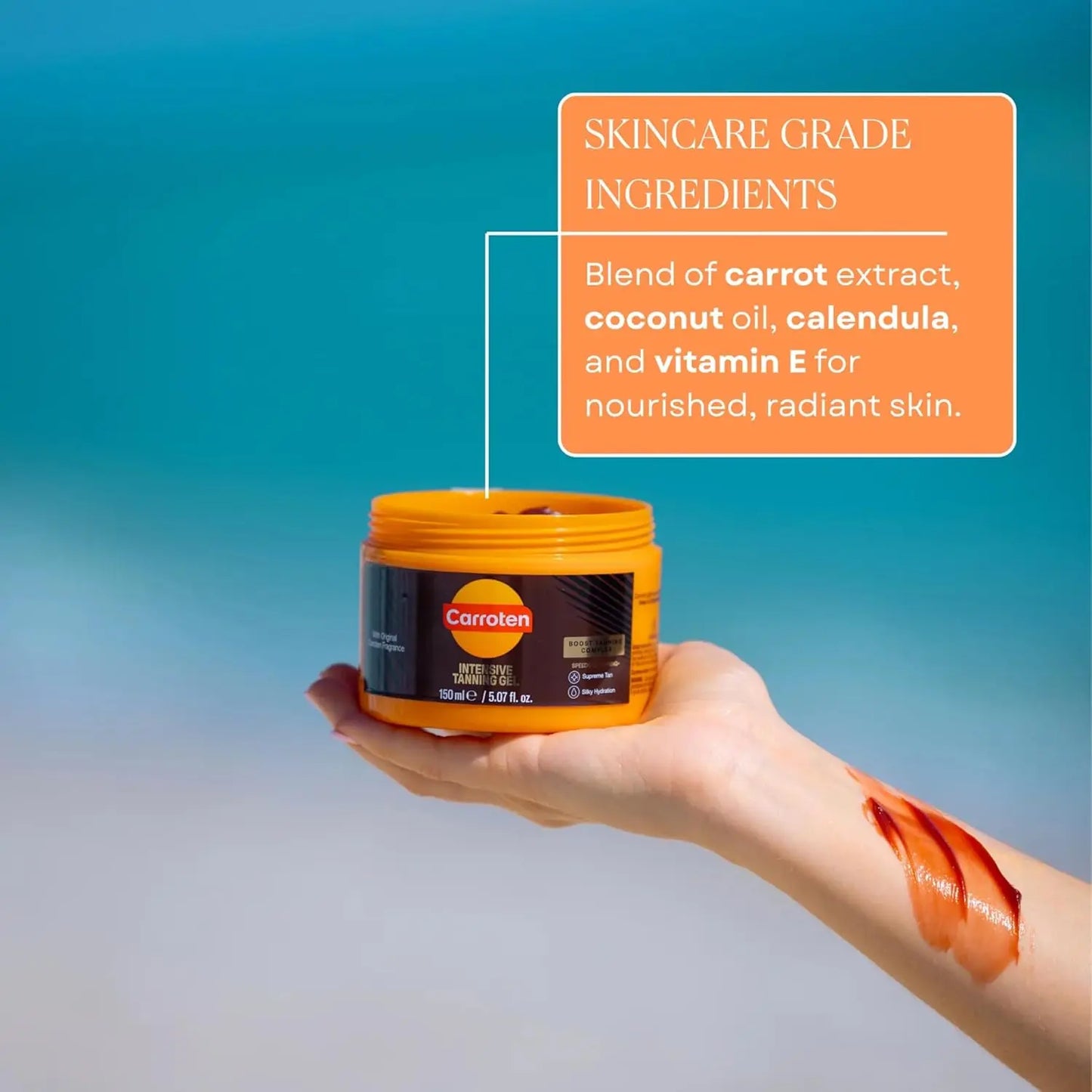 Carroten Intensive Tanning Gel | Browning Tan Accelerator | Non-Greasy, Water-Resistant with Carrot & Coconut Oil | Vitamin a & E for Moisture & Hydration | 5 Fl Oz