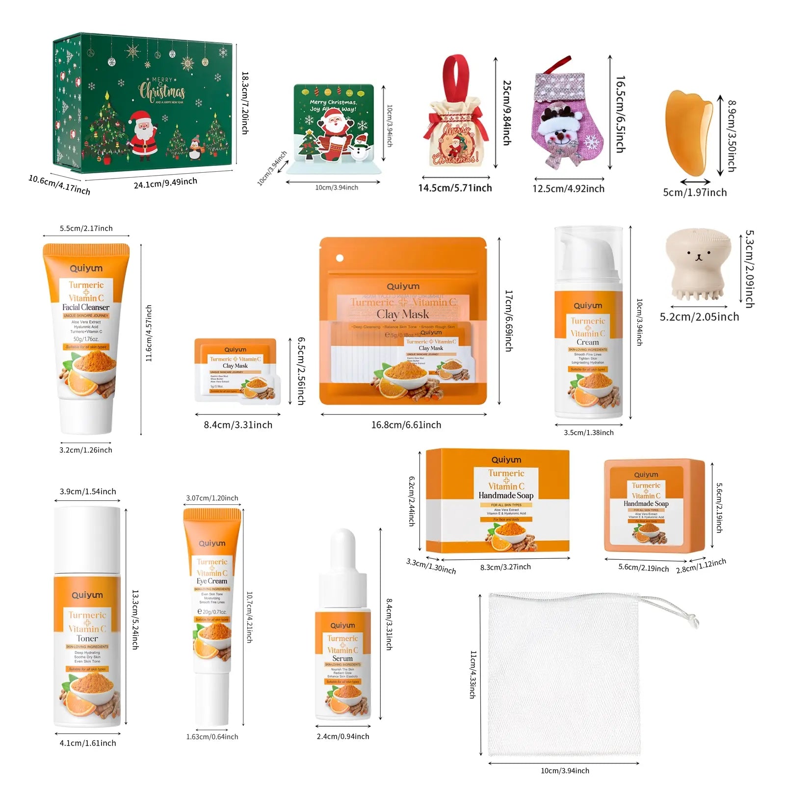Quiyum Turmeric Vitamin C Skincare Set, Turmeric Glow Set, Moisturizing Skin Care Set, Including Cleanser, Toner, Cream, Eye Cream, Serum, Soap, Mud Mask, Gift Box, for Women & Girls
