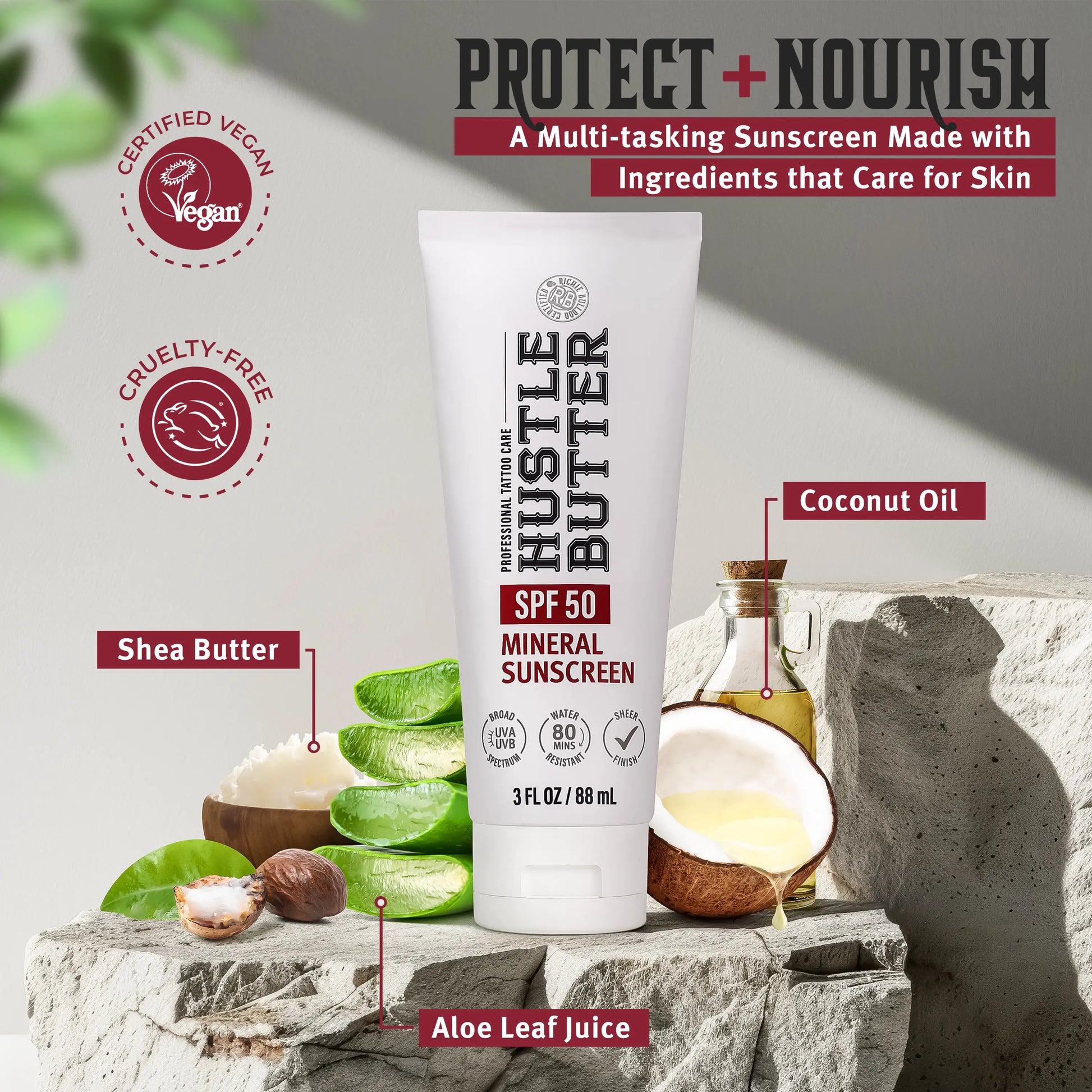 Hustle Butter Tattoo Sunscreen - Mineral Sunscreen Lotion, SPF 50, Tsa-Friendly, Water Resistant, 3 Oz