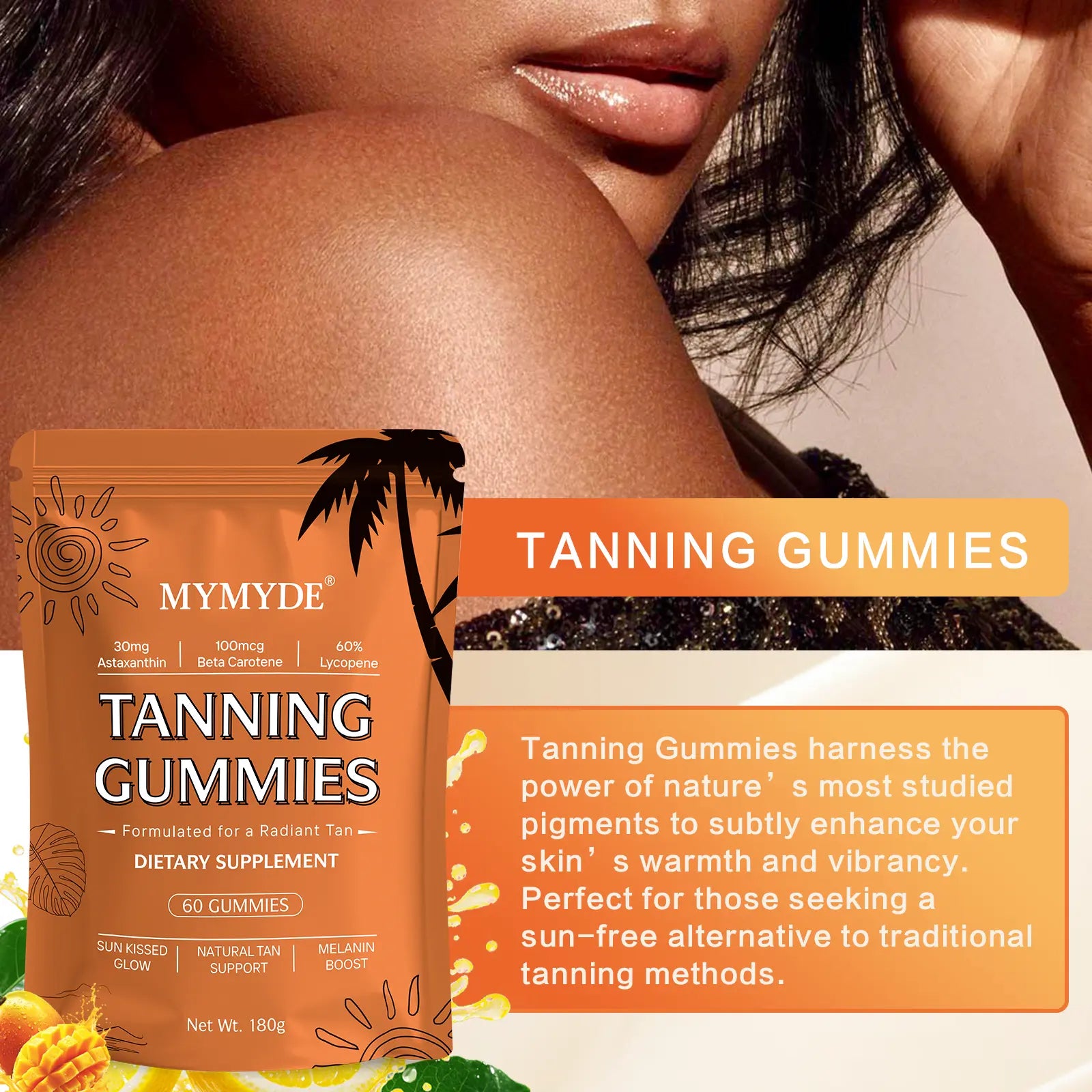 MYMYDE Tanning Gummies Dietary Supplement for Radiant Tan Sun Kissed Glow Natural Tan Support Melanin Boost 60 Gummies - Vitamin, Fitness Vitamin Fitness Healthcare Edible Bathroom Bathroom
