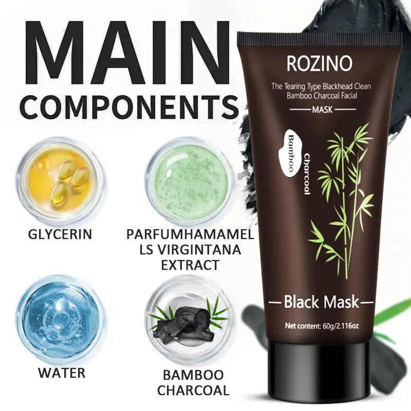 [Two Pack]Rozino Bamboo Charcoal Facial Mask 60G - Blackhead Clean Pore Cleansing Purifying Exfoliating Super Moisture Peel Skincare for Radiance Hydration - Outdoorfun Gentle