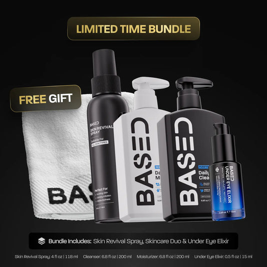 BASED Ultimate Skin Set | under Eye Elixir, Daily Cleanser, Daily Moisturizer, Skin Revival Spray, White Face Towel | Simple, Effective, Based.