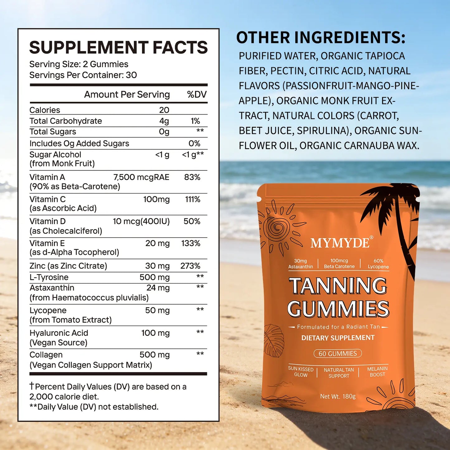 MYMYDE Tanning Gummies Dietary Supplement for Radiant Tan Sun Kissed Glow Natural Tan Support Melanin Boost 60 Gummies - Vitamin, Fitness Vitamin Fitness Healthcare Edible Bathroom Bathroom