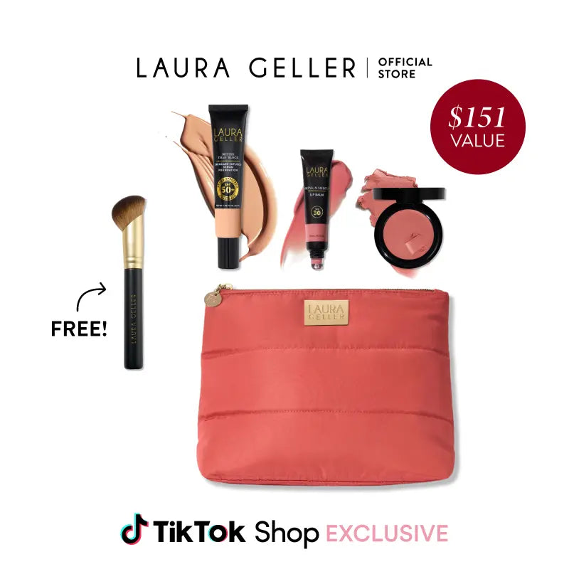 Laura Geller Good Skin SPF Kit (4PC) with SPF 50 Foundation, SPF 30 Shine N Shield Lip Balm, Wonder Balm, Makeup Bag, and FREE Brush