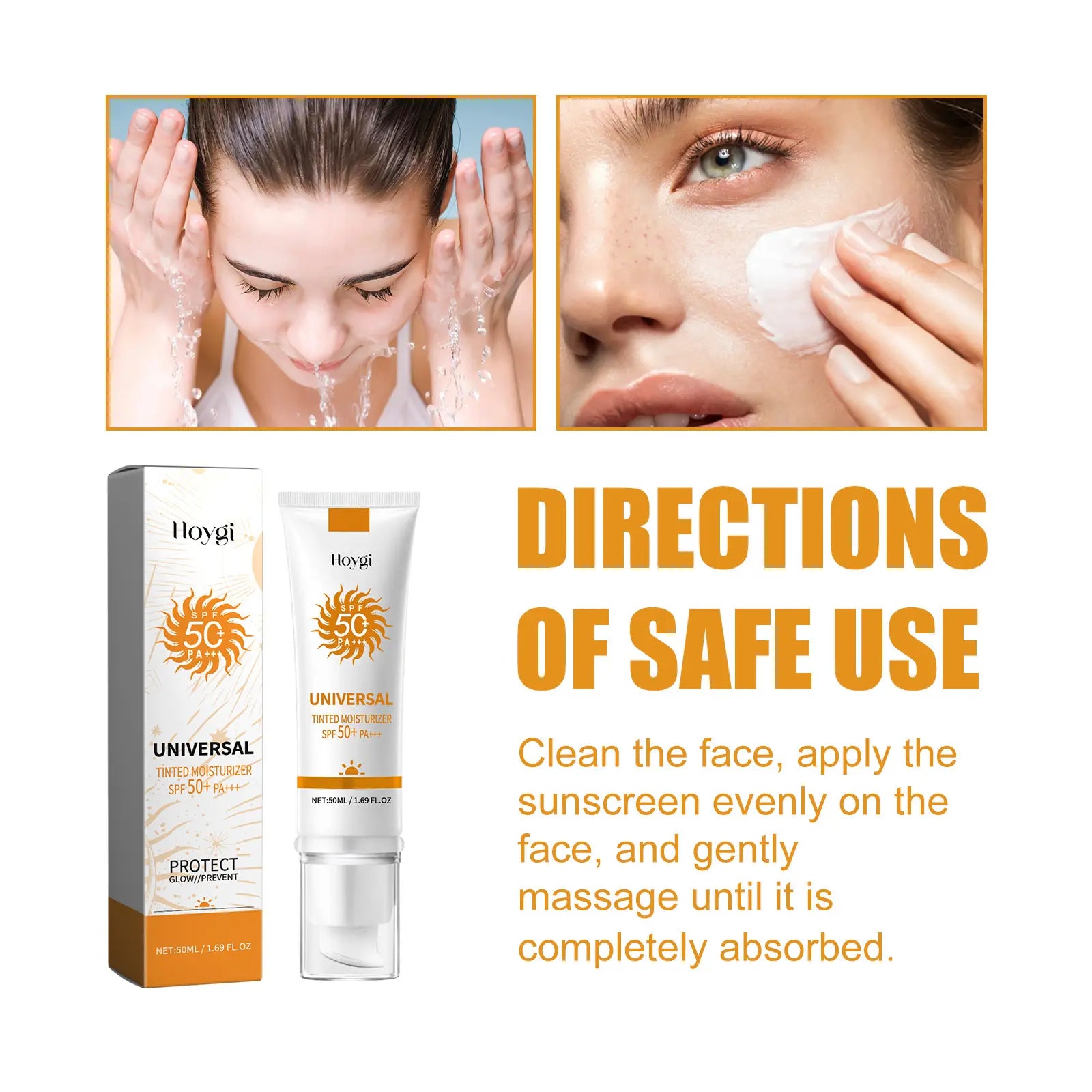 Sunscreen to Prevent Sunburn and Tanning, Universal Tinted Face Moisturizer Sunscreen, SPF 50 PA+++, Water Resistant and Non-Greasy,For All Type Skin Facial Skincare