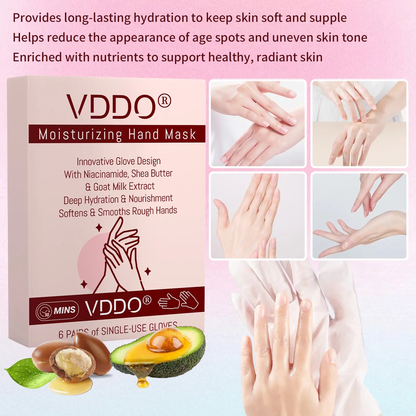 VDDO Deep Moisturizing Hand Mask – 6 Pairs | Niacinamide, Shea Butter & Goat Milk Extract for Dry, Rough Hands