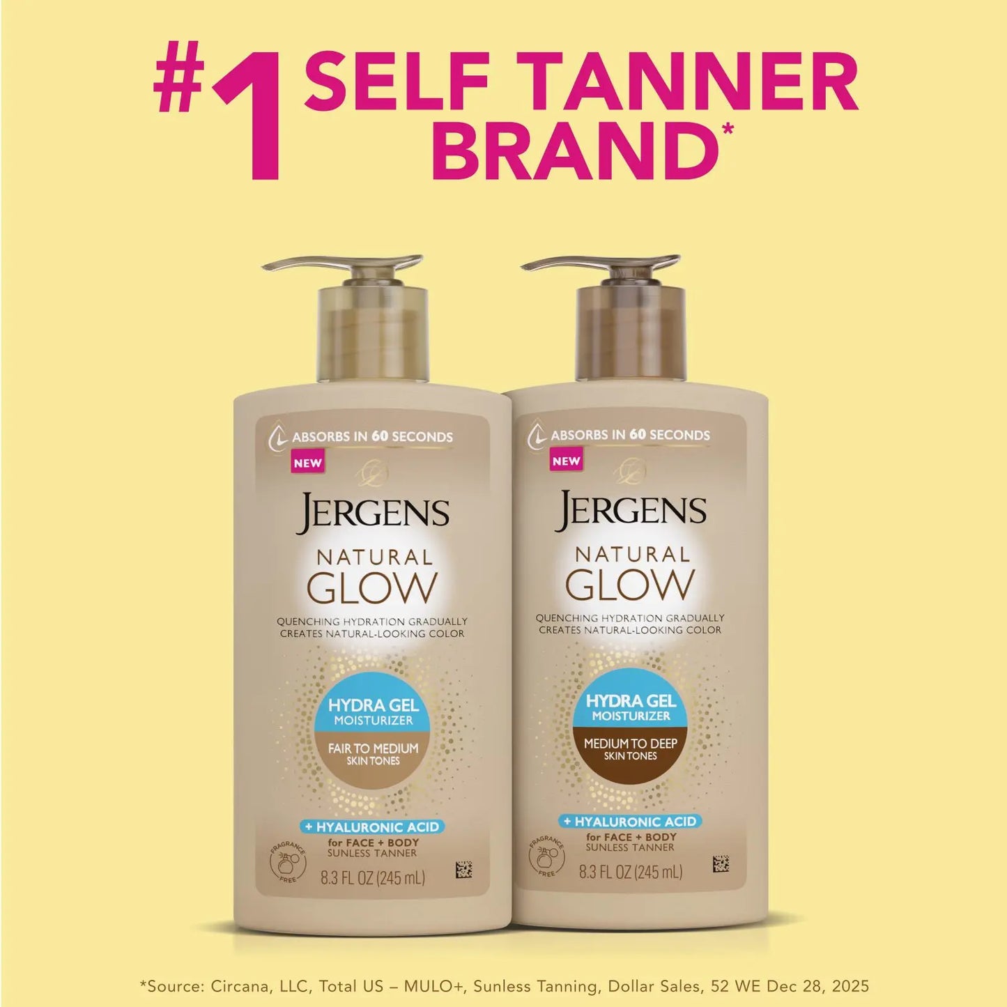 Jergens Natural Glow Hydra Gel Moisturizer + Hyaluronic Acid, Hydrating Tanning Gel Cream for Face and Body, Fragrance-Free Self Tanner, 8.3 Oz