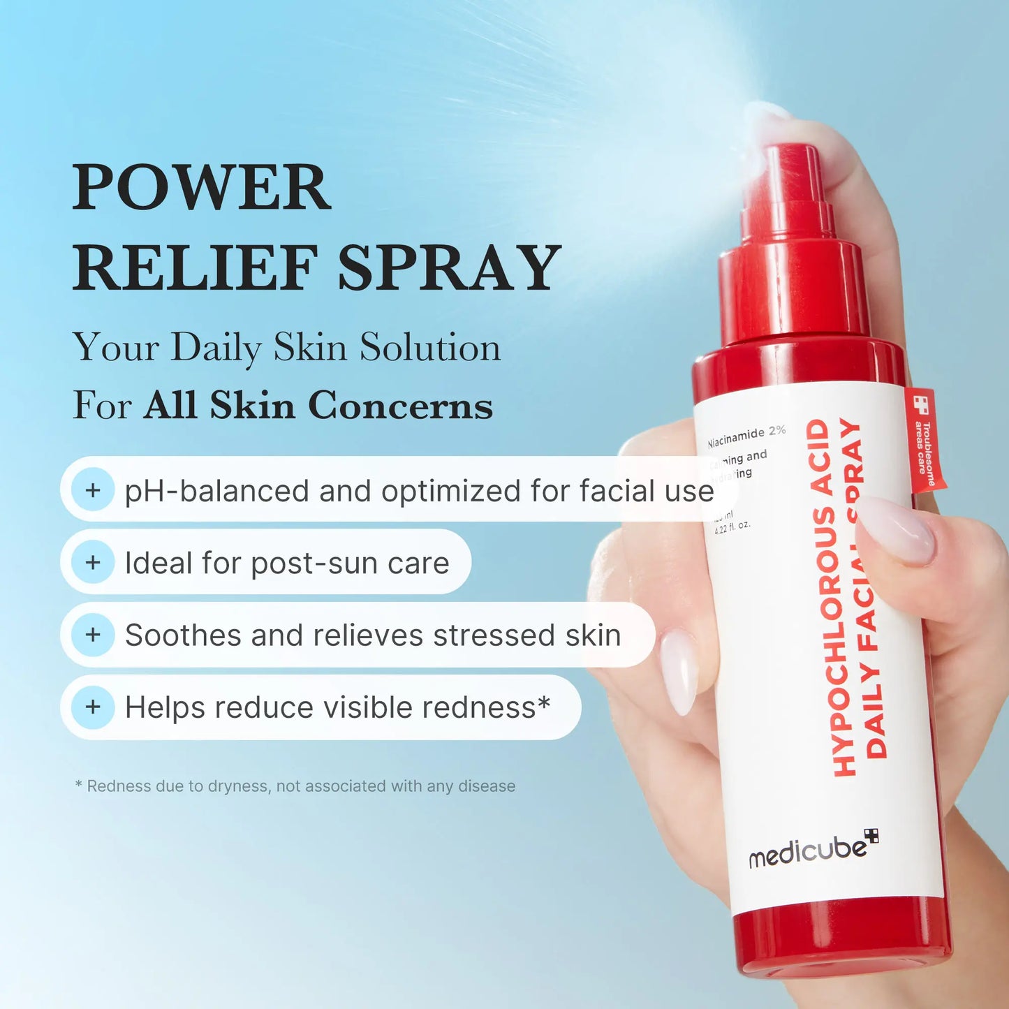[Medicube] Hypochlorous Power Relief SOS Spray Designed for Acne Prone Skin | Hypochlorous Acid Facial Mist for Soothing Redness Due to Dryness | for Uneven Skin Tone & Texture | Korean Skincare | 4.22 Fl.Oz