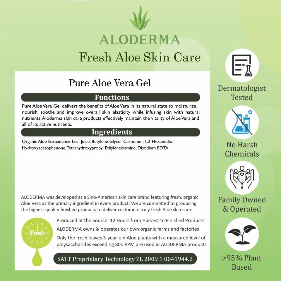Aloderma Aloe Vera Gel Made within 12 Hours of Harvest with 96% Pure Organic Aloe Vera for Skin, Scalp, & Hair, Soothing Aloe Face Moisturizer, Multipurpose, Hydrating Aloe Gel, 7.05Oz