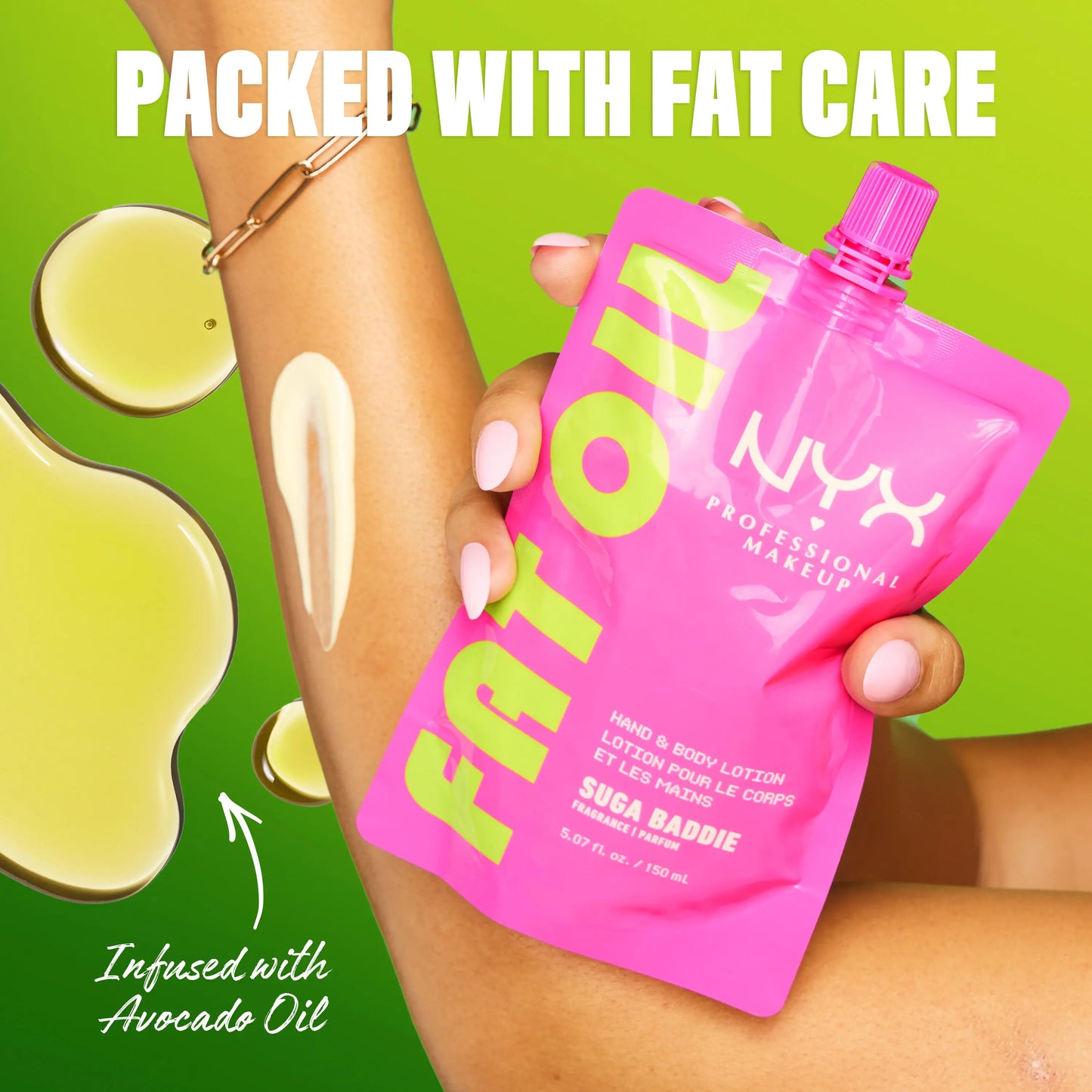 [NEW] Fat Oil Hydrating Hand & Body Lotion, 24H Moisturizer, Avocado Oil, Vanilla Scented, Non-Greasy, Vegan Cruelty-Free, Travel-Friendly Pouch, NYX Professional Makeup