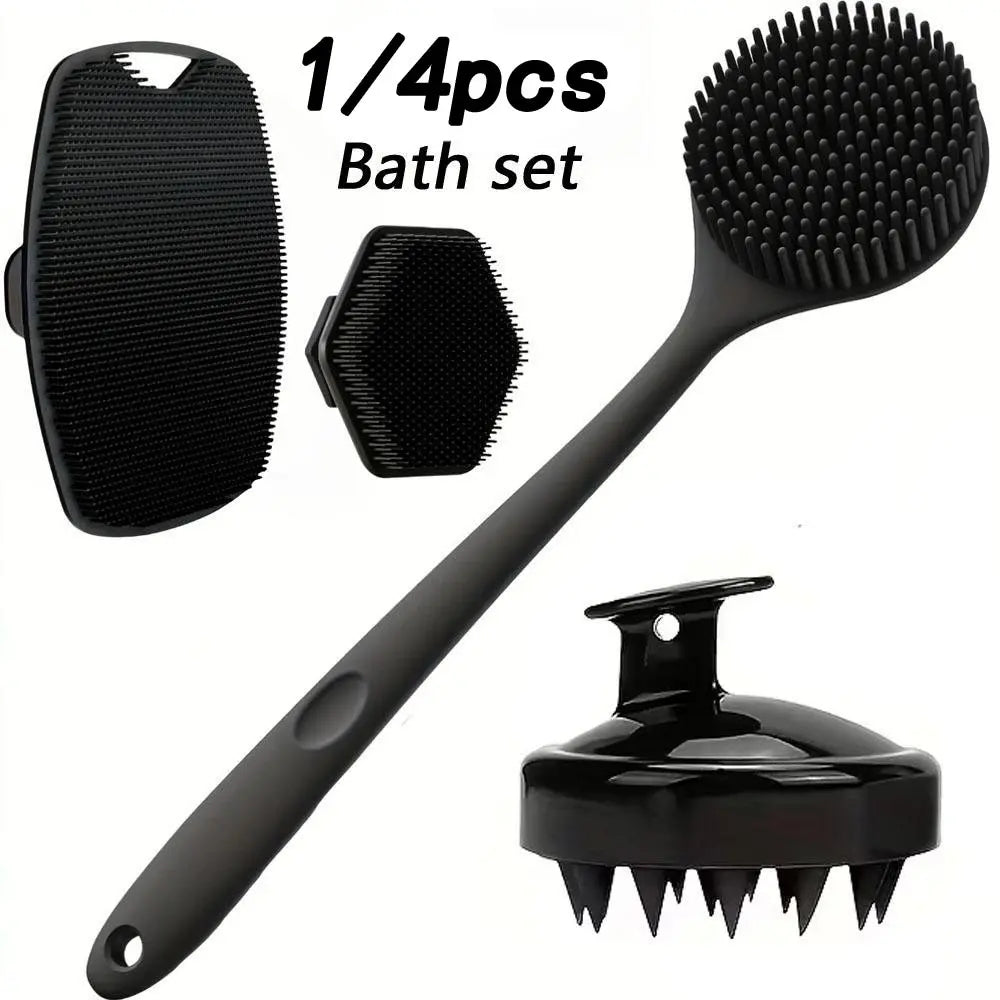 1/4 Pcs Shower Brush Set, Body Care Tool, Frosted Long-Handle Body Brush with Silicone Soft Bristles, for Back, Body Massage, Non-Slip Grip Exfoliating Shower Scrubber, Silicone Bath Brush for Effective Skin Cleansing and Dead Skin Removal