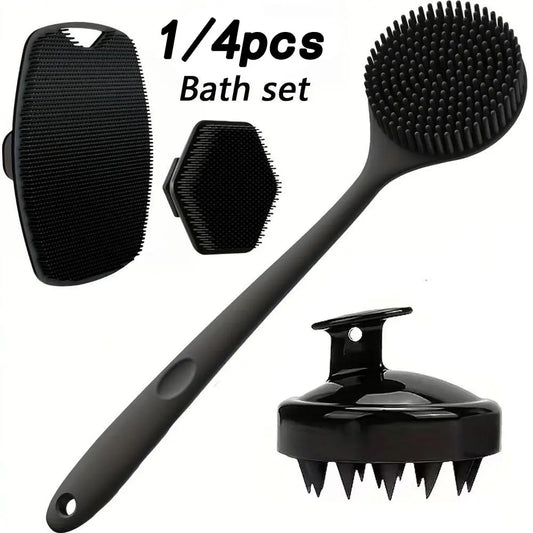 1/4 Pcs Shower Brush Set, Body Care Tool, Frosted Long-Handle Body Brush with Silicone Soft Bristles, for Back, Body Massage, Non-Slip Grip Exfoliating Shower Scrubber, Silicone Bath Brush for Effective Skin Cleansing and Dead Skin Removal