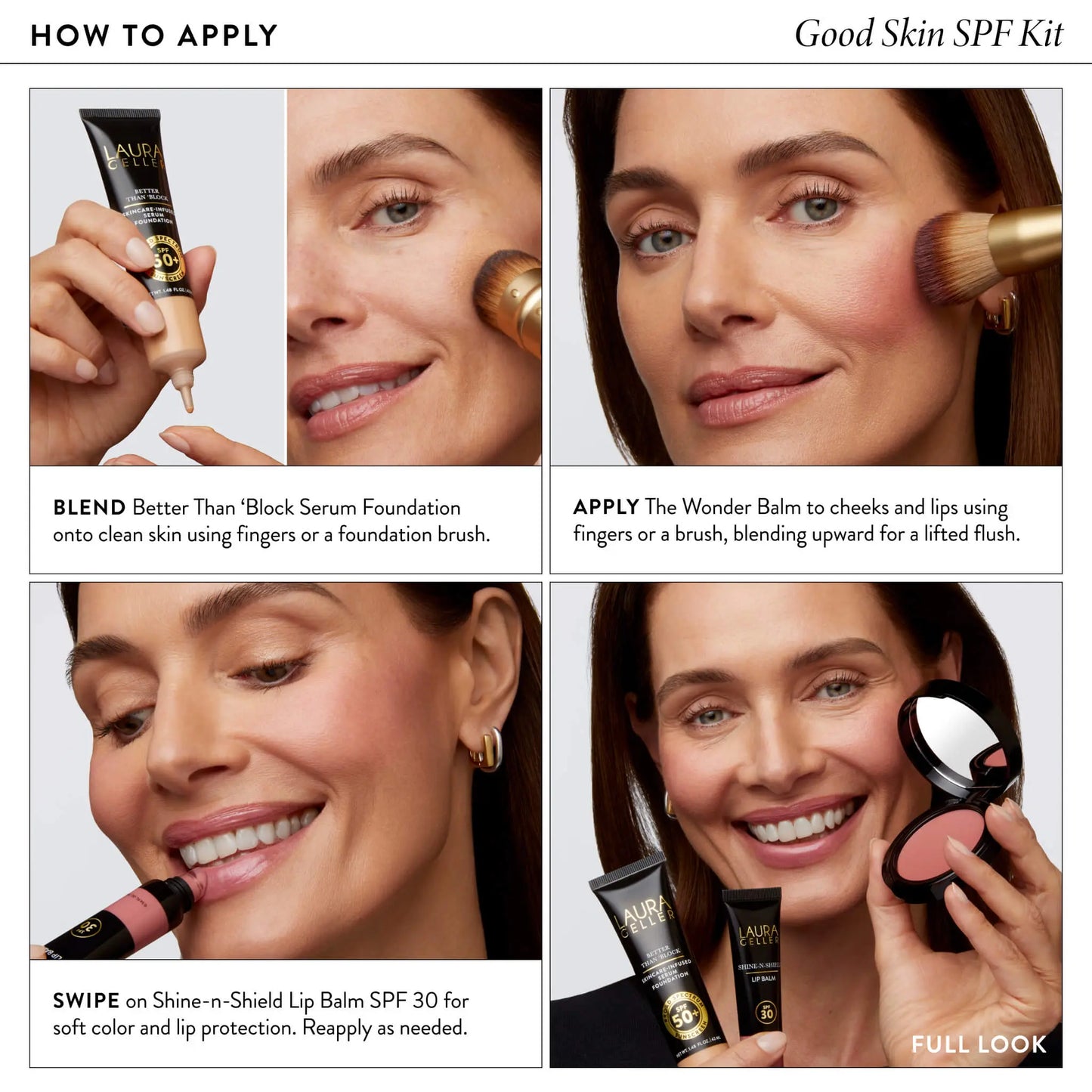 Laura Geller Good Skin SPF Kit (4PC) with SPF 50 Foundation, SPF 30 Shine N Shield Lip Balm, Wonder Balm, Makeup Bag, and FREE Brush
