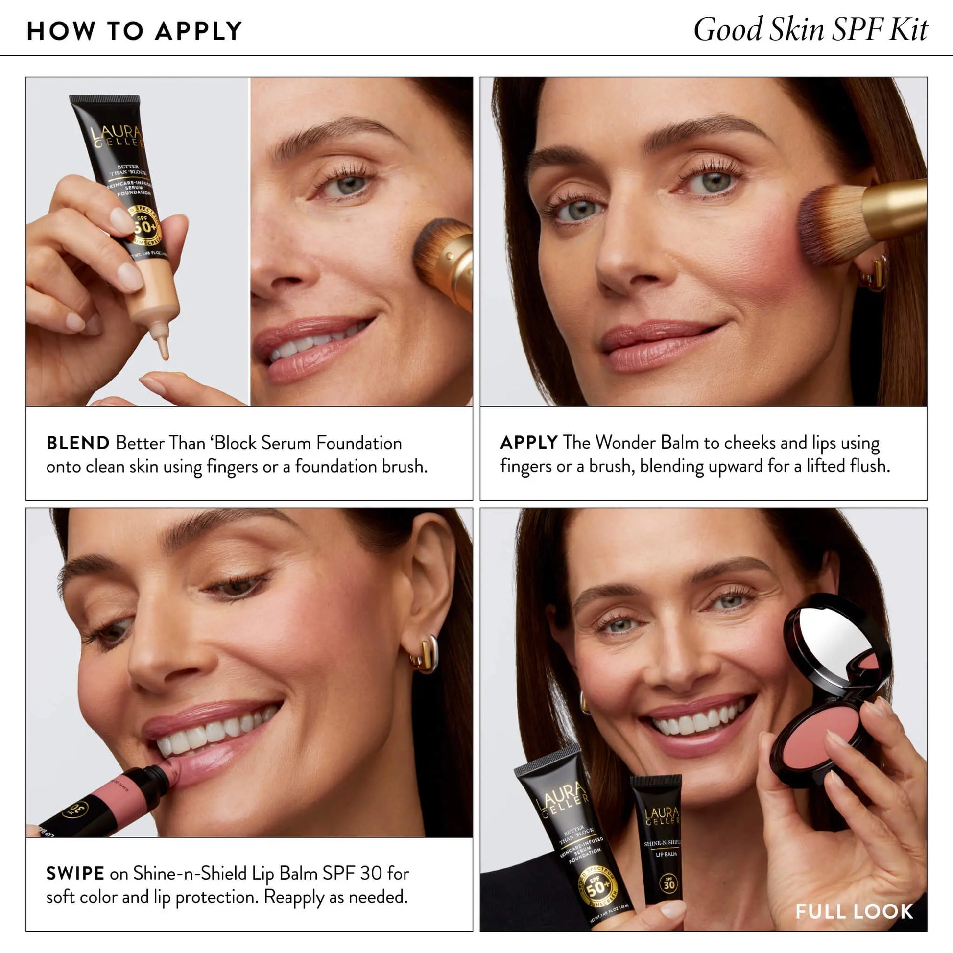 Laura Geller Good Skin SPF Kit (4PC) with SPF 50 Foundation, SPF 30 Shine N Shield Lip Balm, Wonder Balm, Makeup Bag, and FREE Brush
