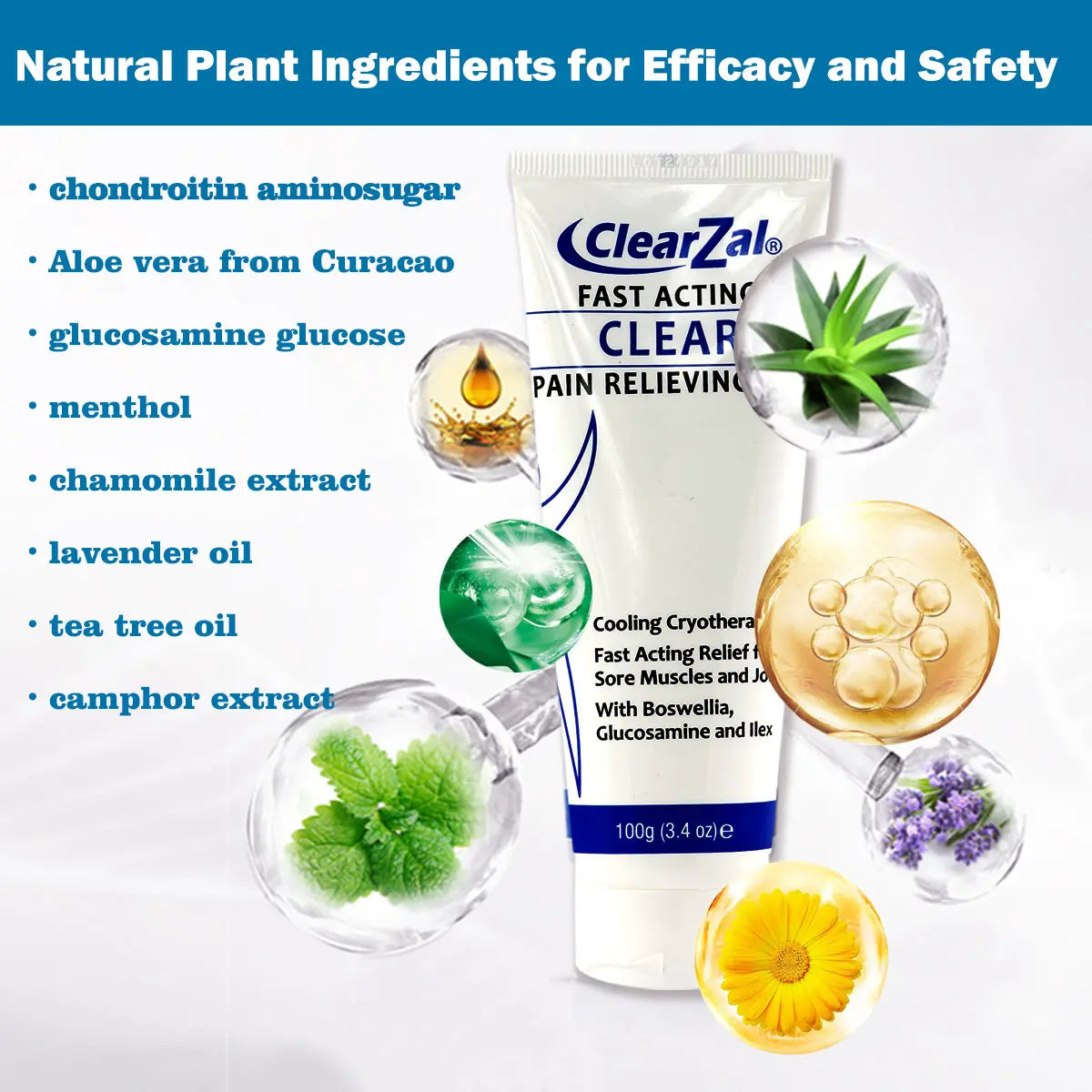 Clearzal Soothing Cooling Gel 100G, Relieving Body Gel, Cooling with Menthol and Frankincense, Helps Relieve Muscle Tension , Relax Your Waist, Legs, Knees, Shoulders and Neck to Relieve Fatigue, Sports Soothing Cooling Gel Body Care Lotions