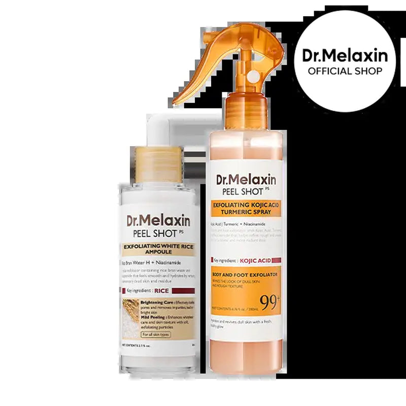 [Dr.Melaxin Official] Body & Face Peel Shot Duo - Glow Rice Peeling Ampoule Gentle Exfoliant Korean Radiant Skin Care Pure Kojic Acid & Turmeric