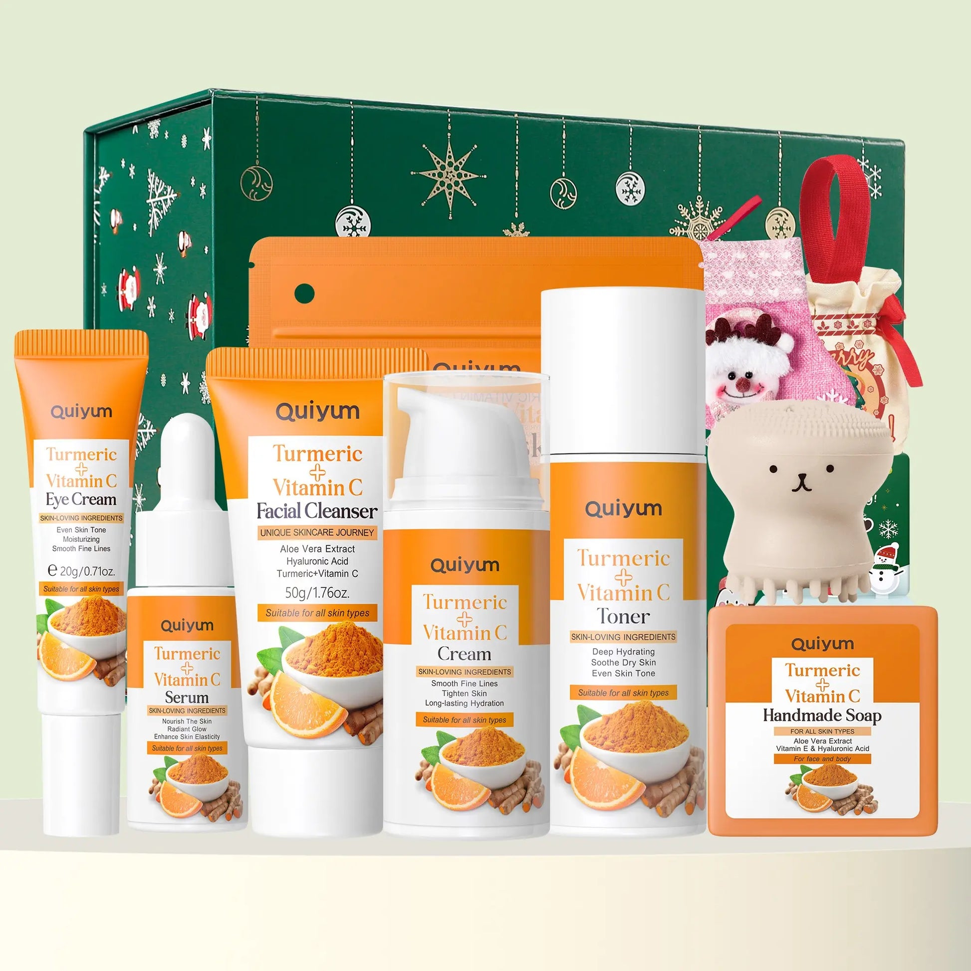 Quiyum Turmeric Vitamin C Skincare Set, Turmeric Glow Set, Moisturizing Skin Care Set, Including Cleanser, Toner, Cream, Eye Cream, Serum, Soap, Mud Mask, Gift Box, for Women & Girls