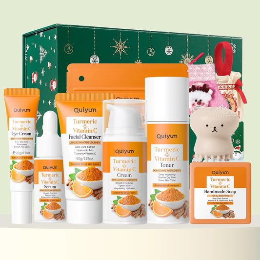 Quiyum Turmeric Vitamin C Skincare Set, Turmeric Glow Set, Moisturizing Skin Care Set, Including Cleanser, Toner, Cream, Eye Cream, Serum, Soap, Mud Mask, Gift Box, for Women & Girls