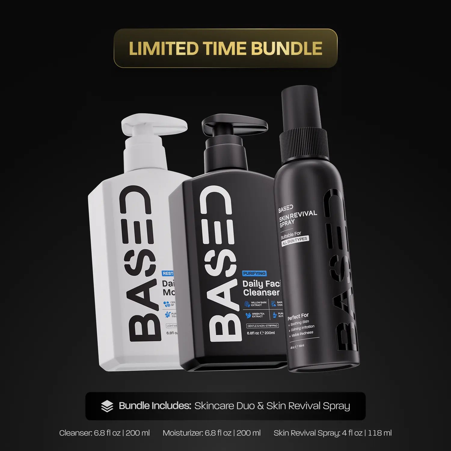 BASED Skincare Trio – Daily Skincare Duo + Skin Revival Spray | Supports Clearer-Looking Skin | Daily Moisturizer & Cleanser | for All Skin Types | Non-Toxic, Effective