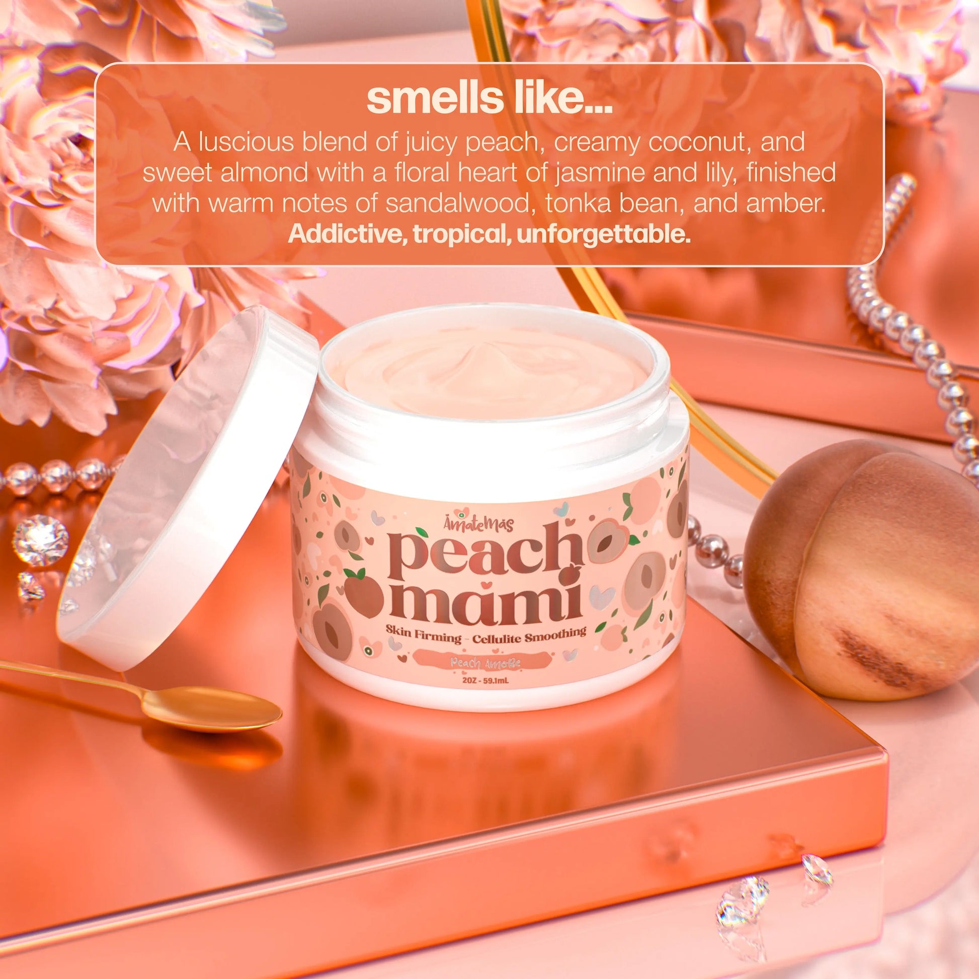 AMATEMAS Peach Mami Skin Firming Body Cream - Vegan Blend Body Care Self Care Product with Caffeine, Hyaluronic Acid, Jasmine, Coconut for All Skin Types Deep Hydration, Smooth Glow