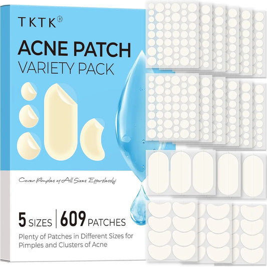 TKTK 609 Count Pimple Patches for Face, Hydrocolloid Acne Patch Bulk, Acne Stickers for Covering Cheeks, Forehead, Chin Blemishes Zit Breakouts for All Skin Types (Dots, Strip, Contoured 5 Sizes) Mothersdaygift #Summervibes Tiktokshopspringglowup