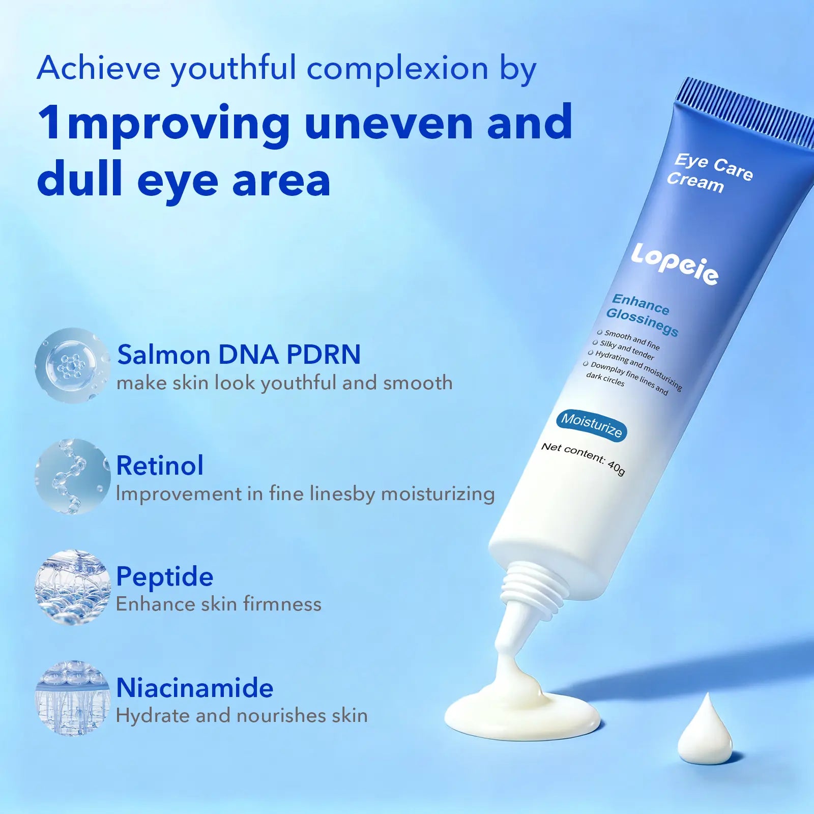 Lopeie Eye Cream with Hyaluronic Acid, Caffeine, Peony Seed Oil & 5-Peptide Complex – Hydrates, Brightens & Reduces Puffiness