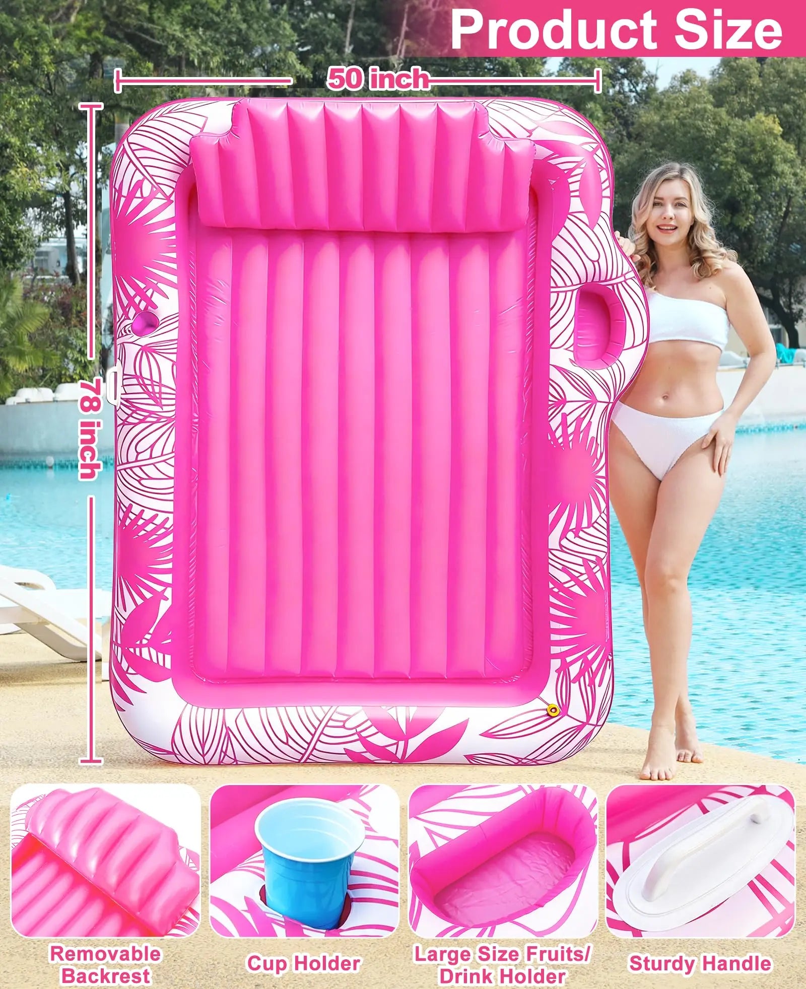 Large Inflatable Tanning Pool Lounge Float with Sprinkler Cup Holder, 78"X50" Large Pool Floats Adult with Pillow, 4 in 1 Suntan Tub Raft Floatie, Sunbathing Bed Lounge for Water Blow up Kids Ball Pit Party Gifts, Inflatable Sofa Summervibes