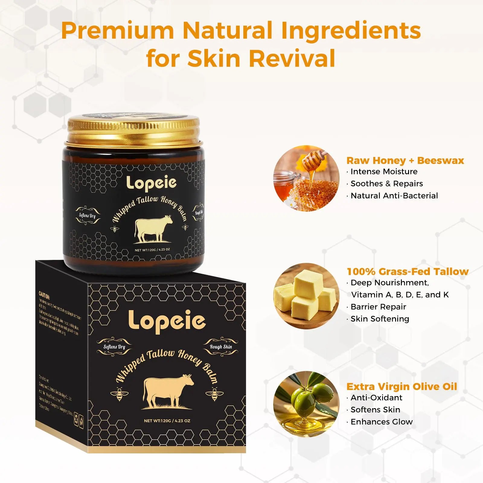 Lopeie Whipped Grass-Fed Beef Tallow Honey Balm - 4 Oz,Moisturizing Cream for Soft, Smooth Skin - Handmade All-Natural Moisturizer - Hydrating, Comfort, Moisture Boost Cream, Luminous Firming Cream, Body Care, Hydrating Dry Skin