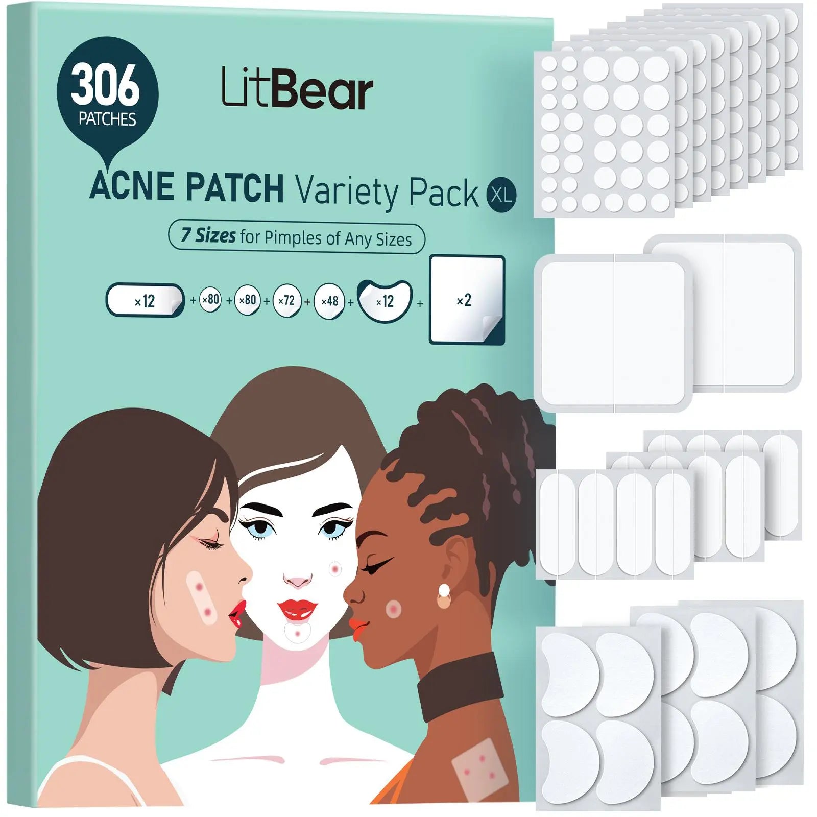 Litbear Skincare Large Pimple Patches 7 Sizes 306 Patches Acne Spot Treatment XL Hydrocolloid Bandages for Full Face Forehead Back and Body Skincare Mothers Day Gifts #Summervibes