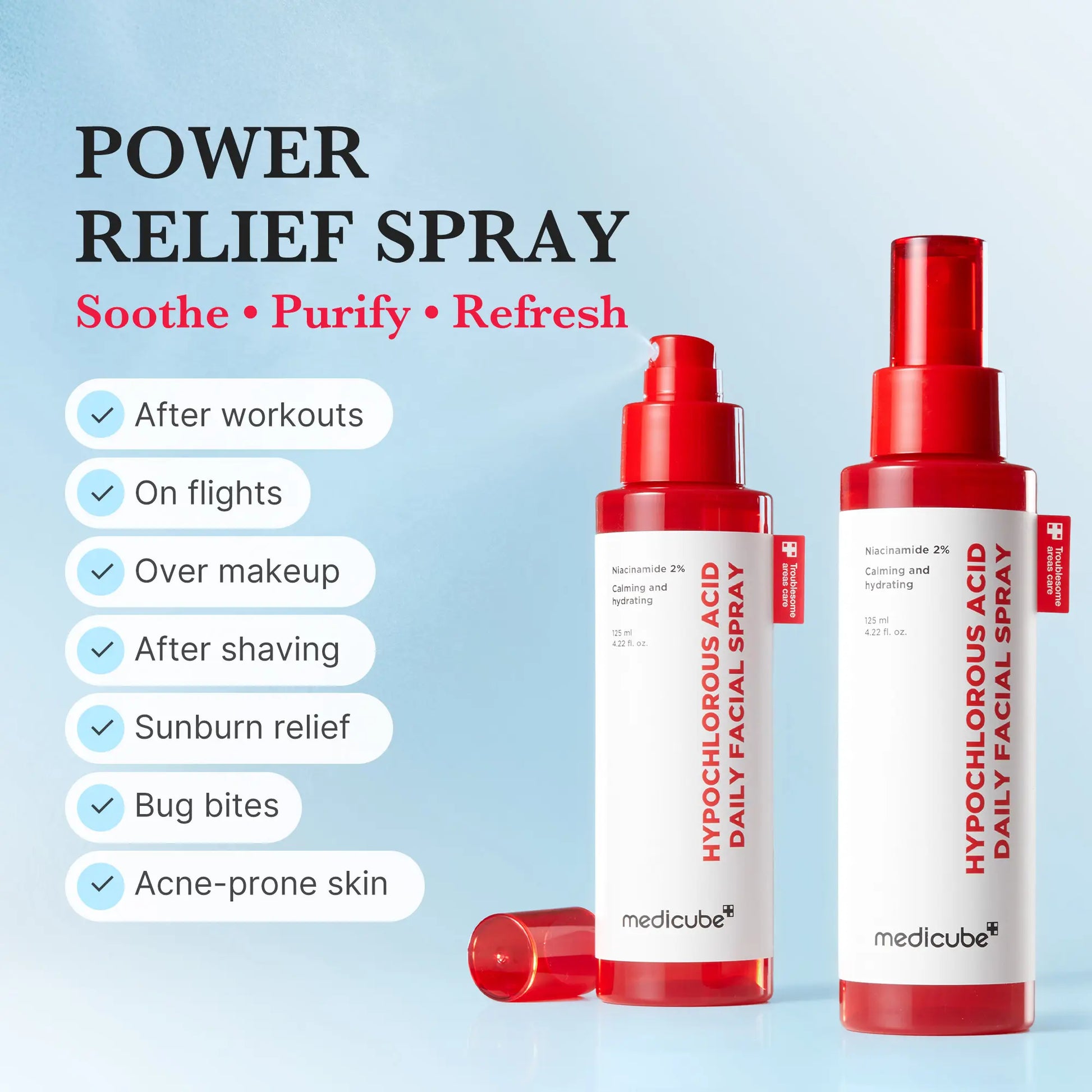 [Medicube] Hypochlorous Power Relief SOS Spray Designed for Acne Prone Skin | Hypochlorous Acid Facial Mist for Soothing Redness Due to Dryness | for Uneven Skin Tone & Texture | Korean Skincare | 4.22 Fl.Oz