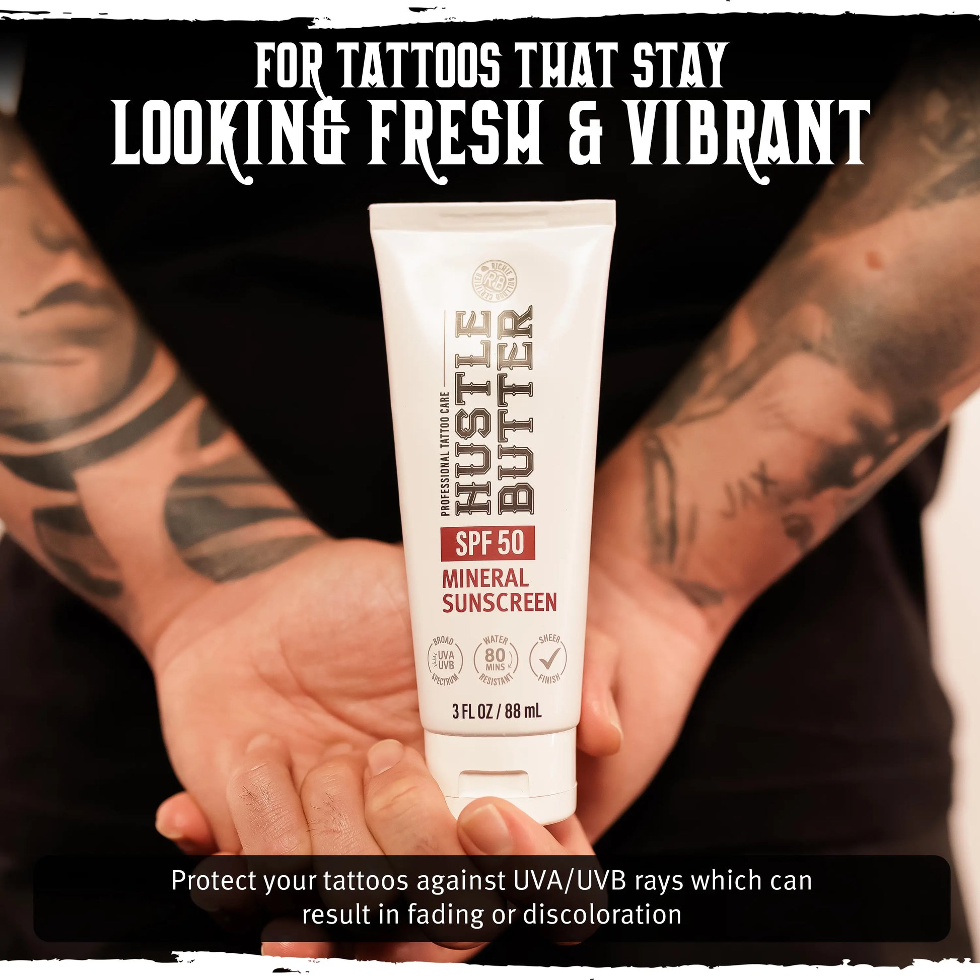 Hustle Butter Tattoo Sunscreen - Mineral Sunscreen Lotion, SPF 50, Tsa-Friendly, Water Resistant, 3 Oz