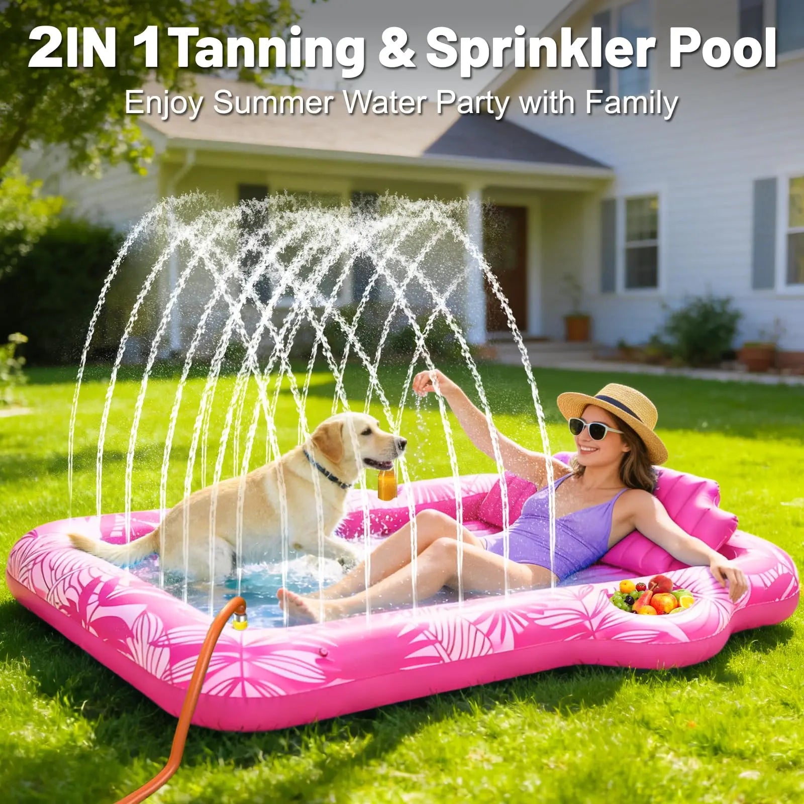 Large Inflatable Tanning Pool Lounge Float with Sprinkler Cup Holder, 78"X50" Large Pool Floats Adult with Pillow, 4 in 1 Suntan Tub Raft Floatie, Sunbathing Bed Lounge for Water Blow up Kids Ball Pit Party Gifts, Inflatable Sofa Summervibes
