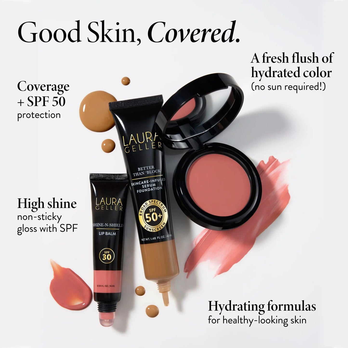 Laura Geller Good Skin SPF Kit (4PC) with SPF 50 Foundation, SPF 30 Shine N Shield Lip Balm, Wonder Balm, Makeup Bag, and FREE Brush