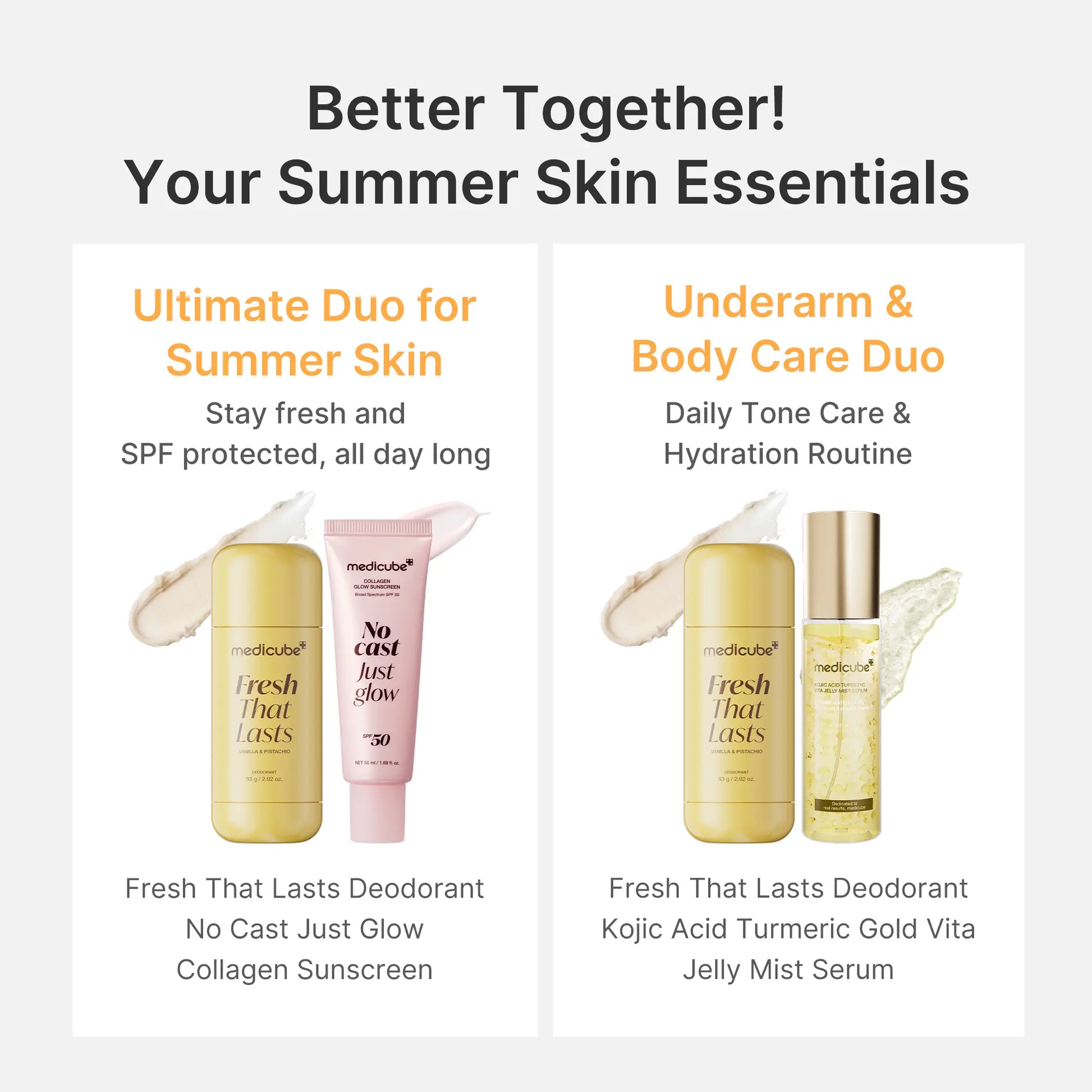 [NEW] [Medicube] Summer Essentials Duo for Summer Sun Care | Brightening, Smoothing, Hydrating Face & Body Care | Deodorant Vanilla & Pistachio, No Cast Just Glow Collagen Sunscreen, Kojic Acid Jelly Mist Serum, Kojic Acid Body Wash | Korean Skincare