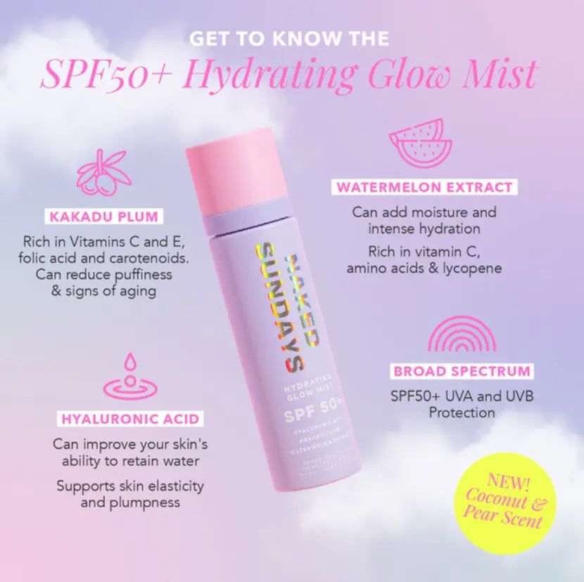 Naked Sundays SPF50+ Hydrating Glow Mist Setting Spray Sunscreen Infused with Hyaluronic Acid & Watermelon Extract for Glass Skin Glow
