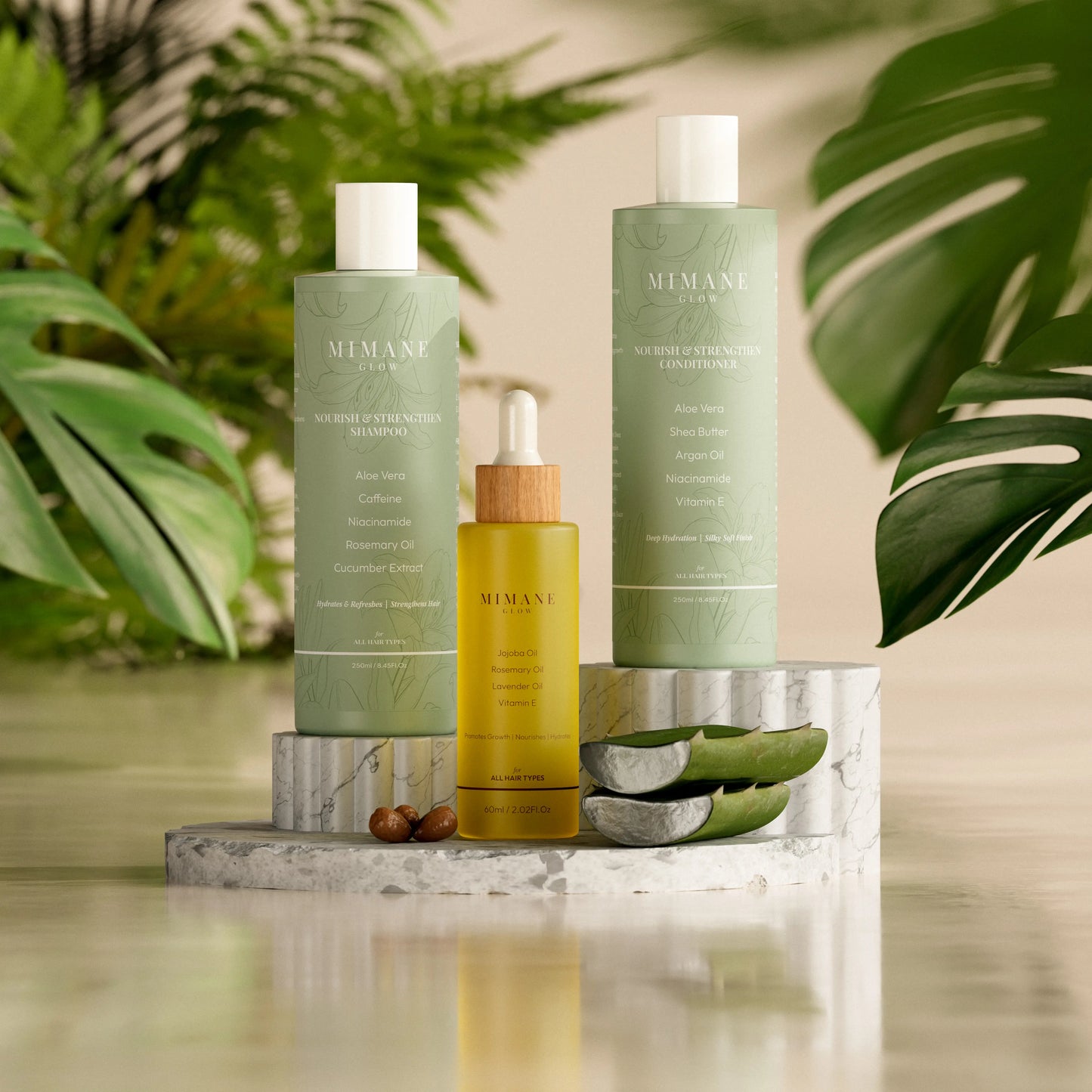Mimane Glow – the Glow Kit | Nourish & Strengthen Shampoo + Conditioner & Growth Hair Oil Set | Strengthens, Hydrates & Boosts Shine | Sulfate-Free, Silicone-Free, Paraben-Free | Natural Aloe, Jojoba, Pumpkin & Rosemary