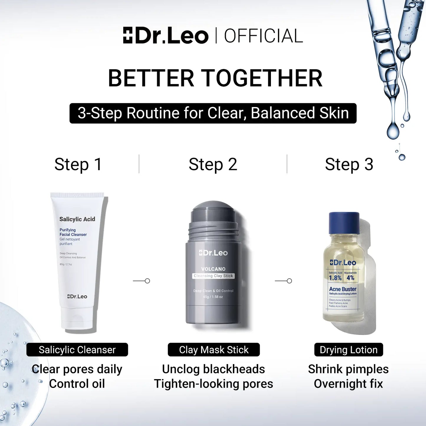 【Bundle & Save】Dr.Leo Salicylic Acid Acne Treatment Set | 24H Pimple Rescue + 15 Minutes Blackhead Removal + Pore Detox + Oil Control | Drying Lotion + Clay Mask Stick + Cleanser Skin Repair #Mothersdaygift #Summervibes