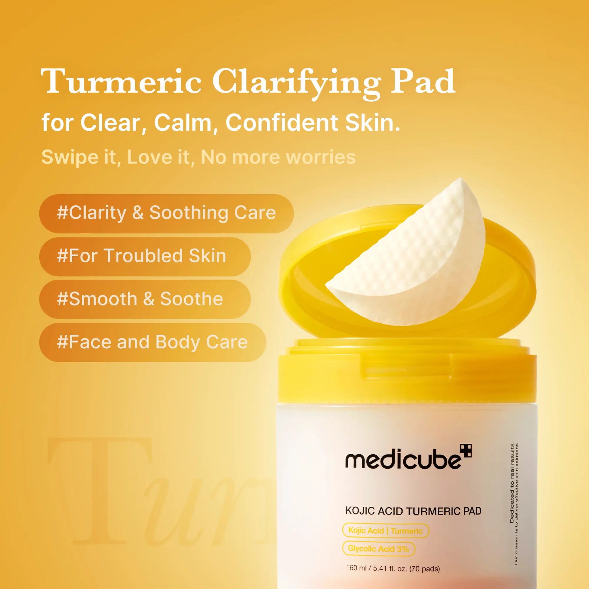 [Medicube] Kojic Acid Turmeric Clarifying Toner Pad for Troubled Skin & Use after Spot Care | Soothing & Calming with Turmeric, Niacinamide, Glycolic Acid | Korean Skin Care, 70 Pads