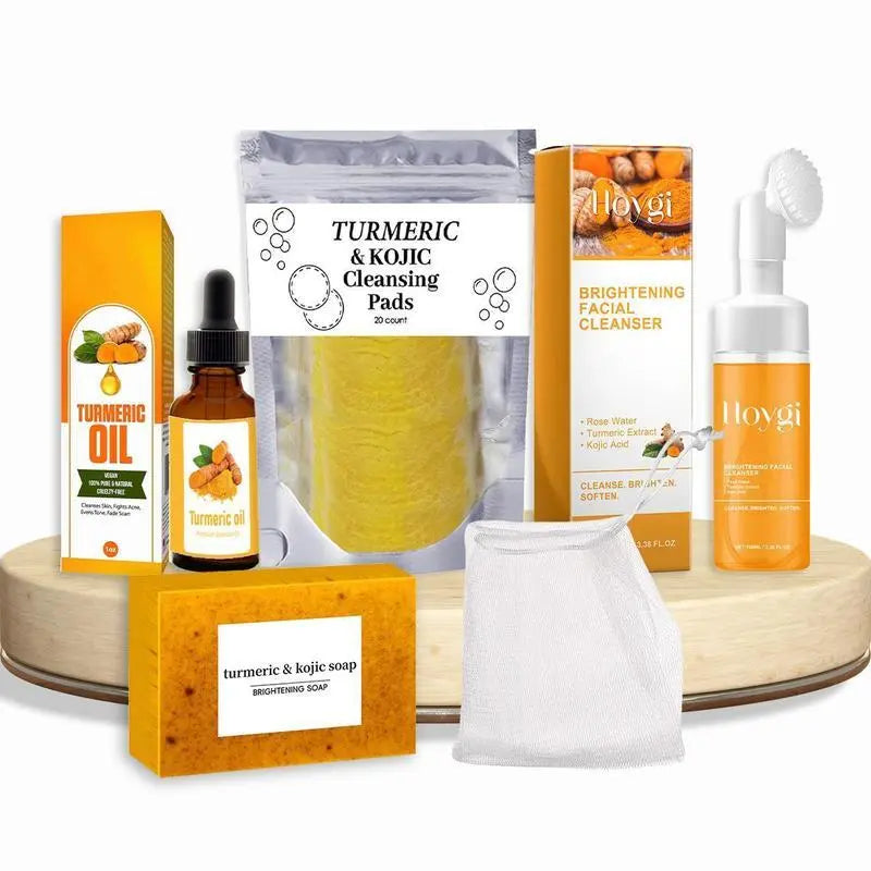 Turmeric Skin Care Kit, 5 Counts/Set Facial Cleansing Pads & Soap & Oil & Cleansing Mousse & Facial Cleanser & Lathering Net, Skin Care Kit for Women & Men, Turmeric Face Wash
