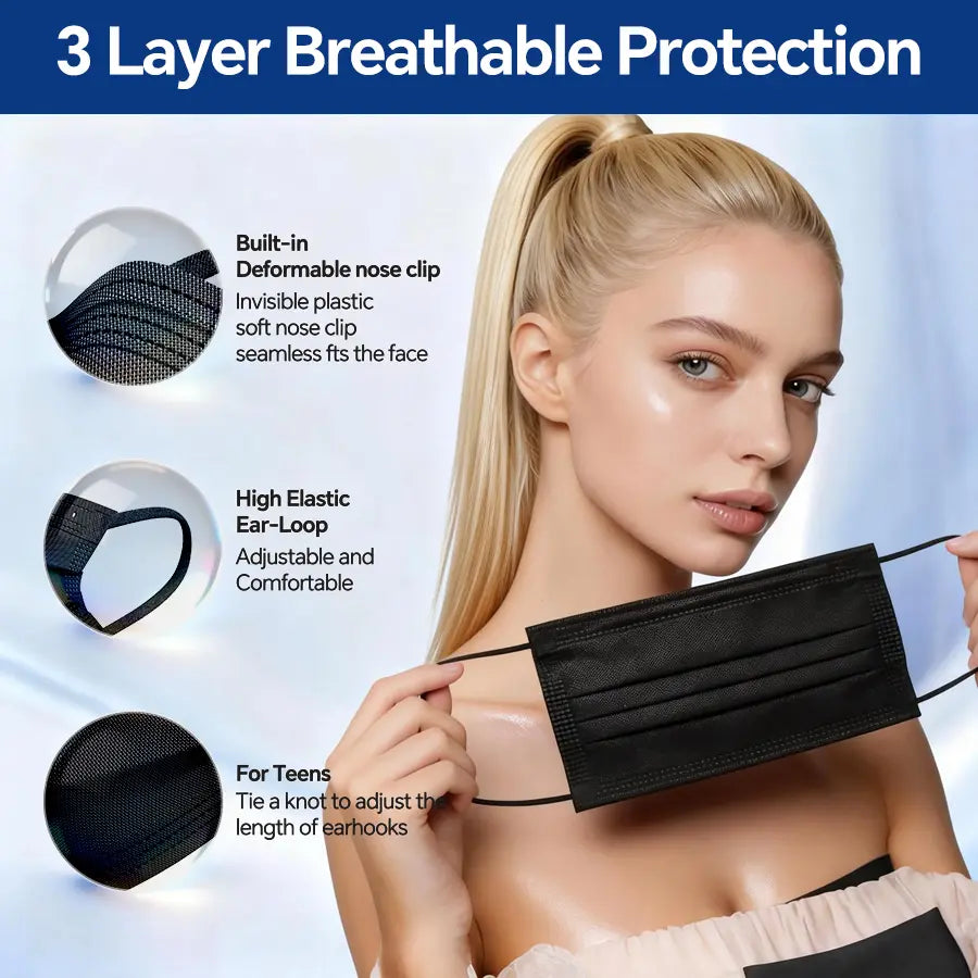 Disposable Protective Face Mask 50/100Pack Individually Packaged Wrapped Protection for Adults 3-Layer Filter Safety Face Masks Non-Woven Melt-Blown Filter Breathable Protection Mask for Travel Daily Protection against Droplets