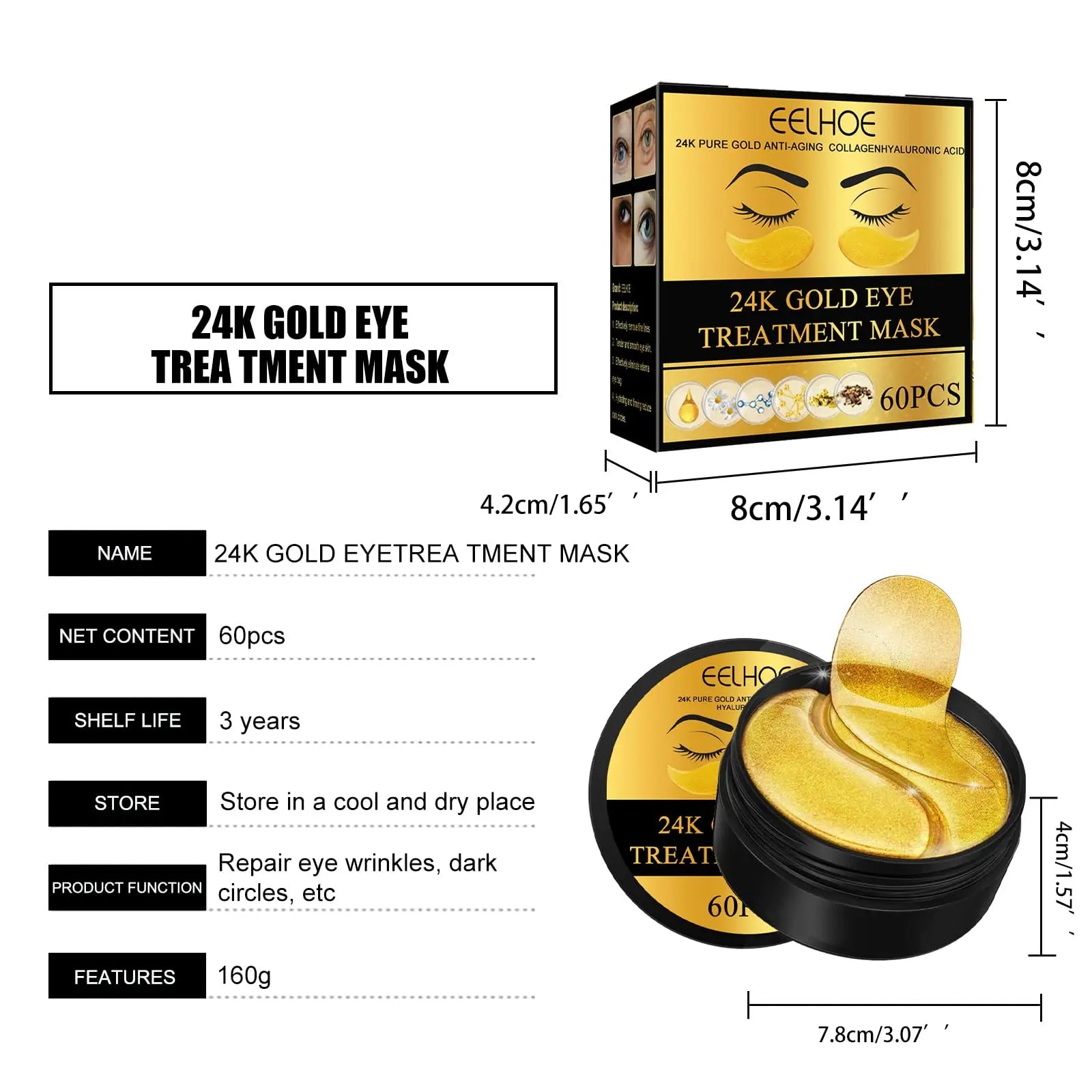24K Gold Eye Patches - Firming, Glowing & Hydrating Hydrogel Mask for Puffy Eyes, Dark Circles, Wrinkles, Fine Lines, Eye Bags Treatment, Korean Skincare Gifts for Women and Men, 60Pcs